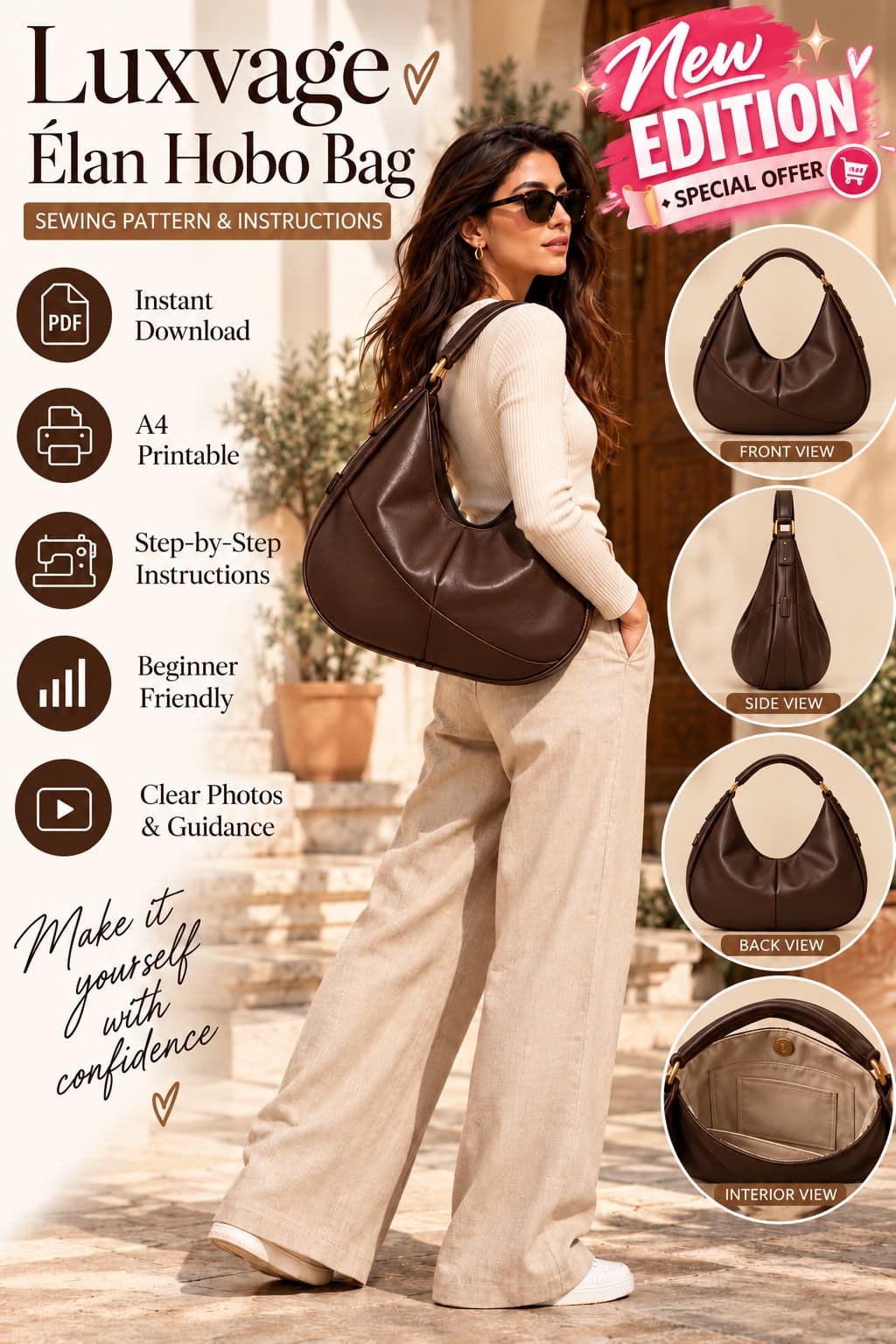 Slouchy Crescent Hobo Bag Sewing Guide PDF, DIY Shoulder Bag Tutorial, Luxvage Élan Design