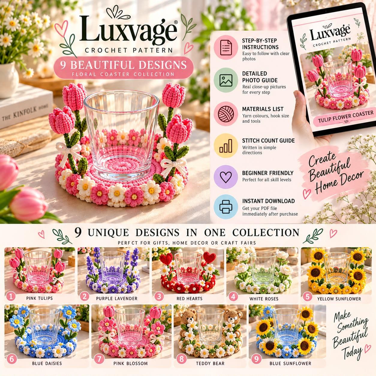 Flowers Crochet Rose Coaster Floral Patterns PDF, Tulip, Sunflower, Rose Designs (Digital Download)