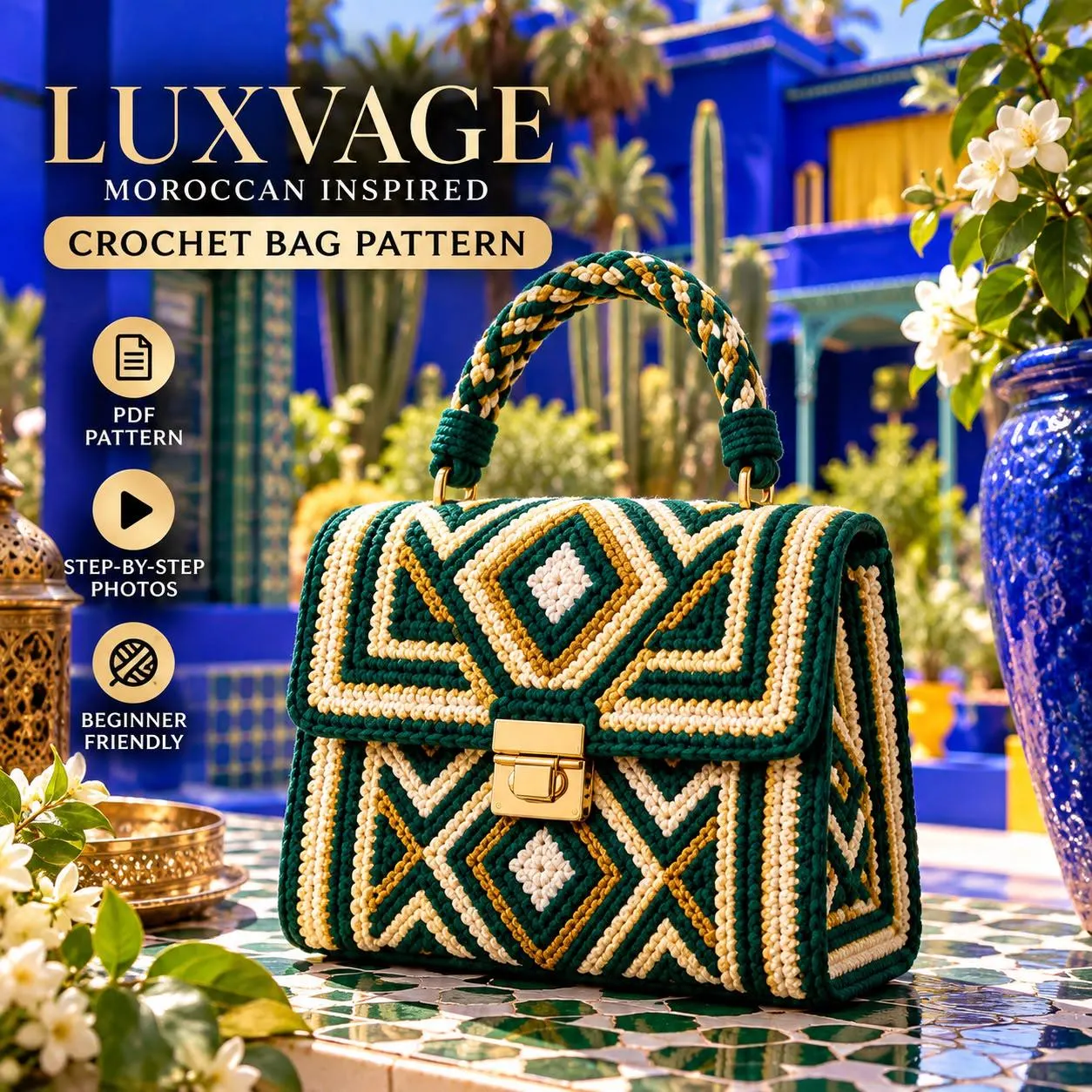 Handmade Crochet Bag Moroccan Pattern PDF, Geometric Handbag Design, Digital Download