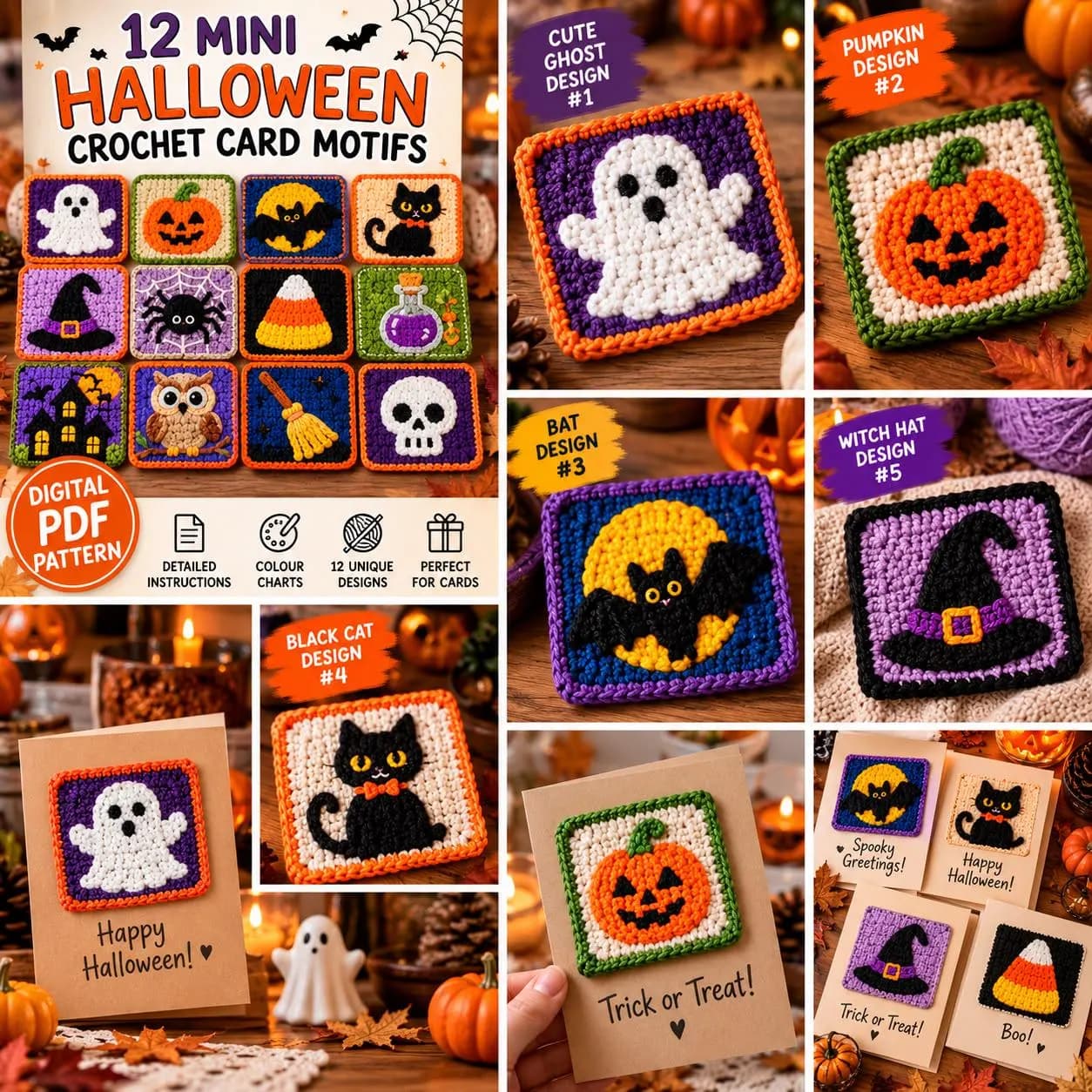 12 Halloween Crochet Motif Designs, Ghost, Pumpkin, Bat, Witch (Digital Download)