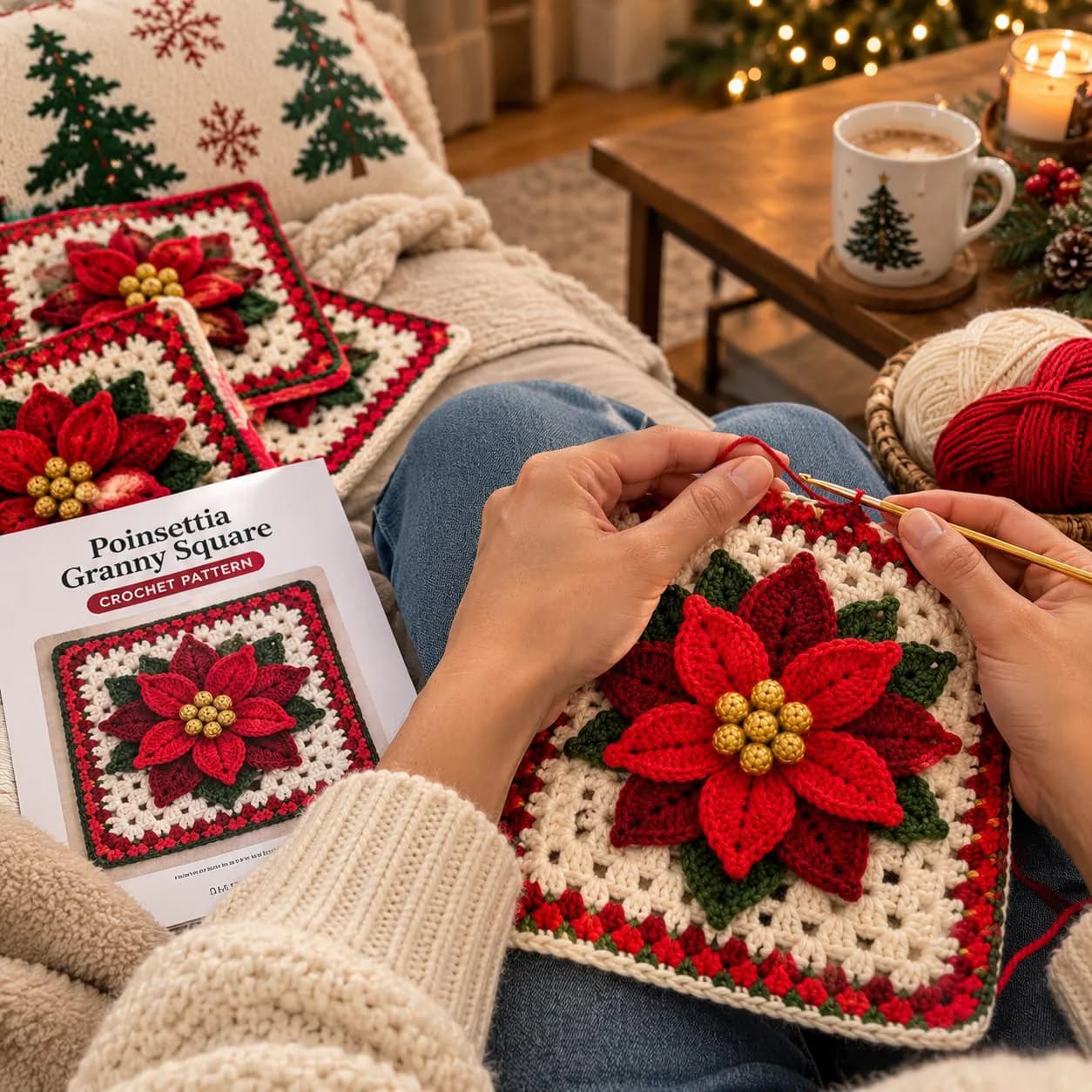 Poinsettia Granny Square Crochet Pattern, Christmas Floral Design (PDF)