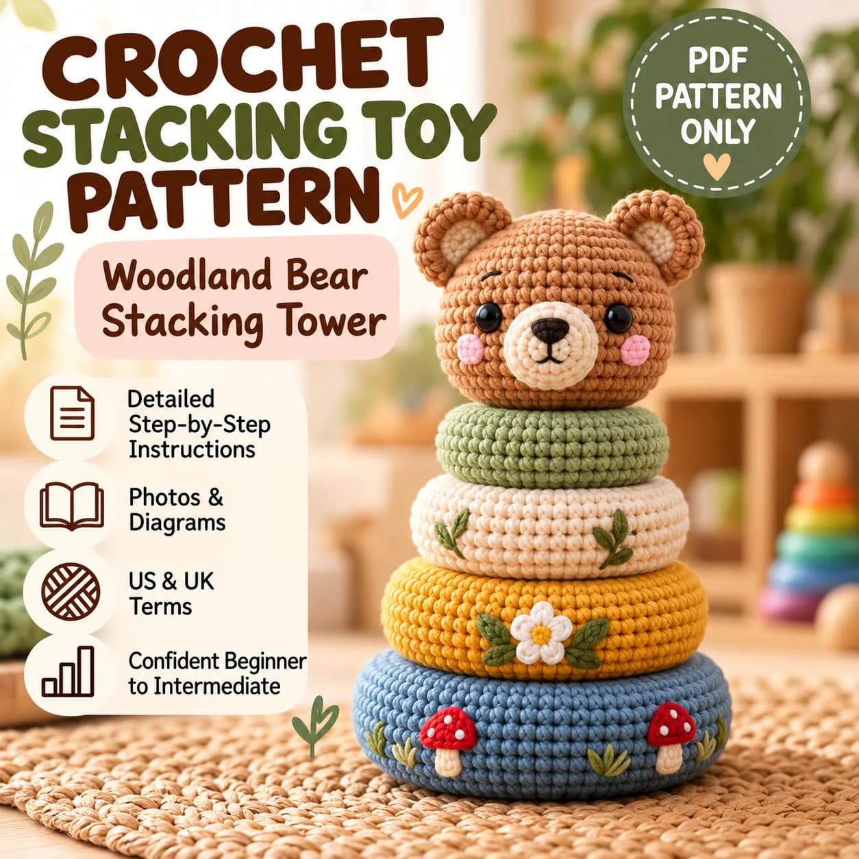 Bear Crochet Pattern Stacking Toy , Amigurumi PDF (Digital Download)n Baby Bear