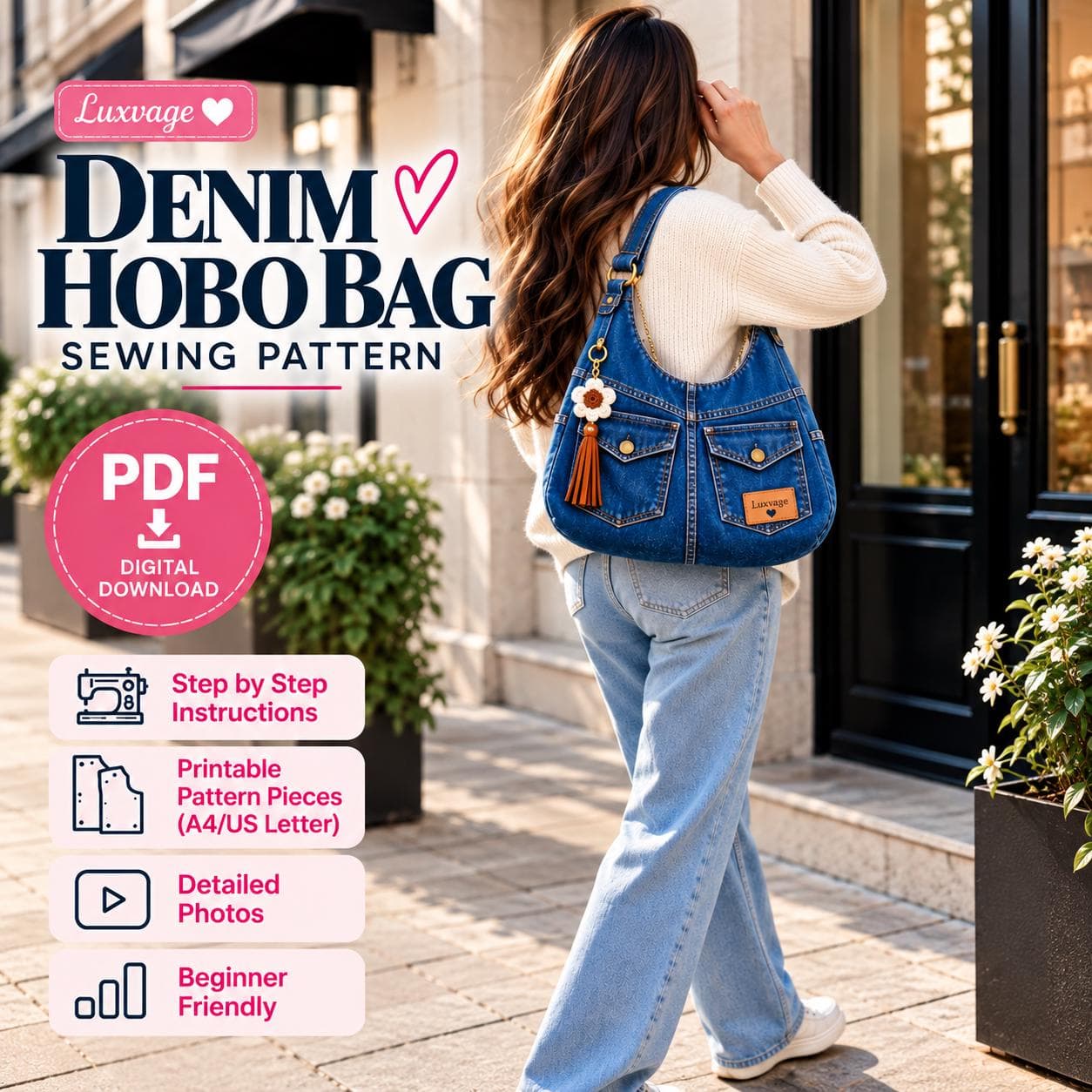 DIY Denim Hobo bag , Slouchy Shoulder Bag Sewing Pattern PDF 5 Size xs-xl-A0-A4 US Letter