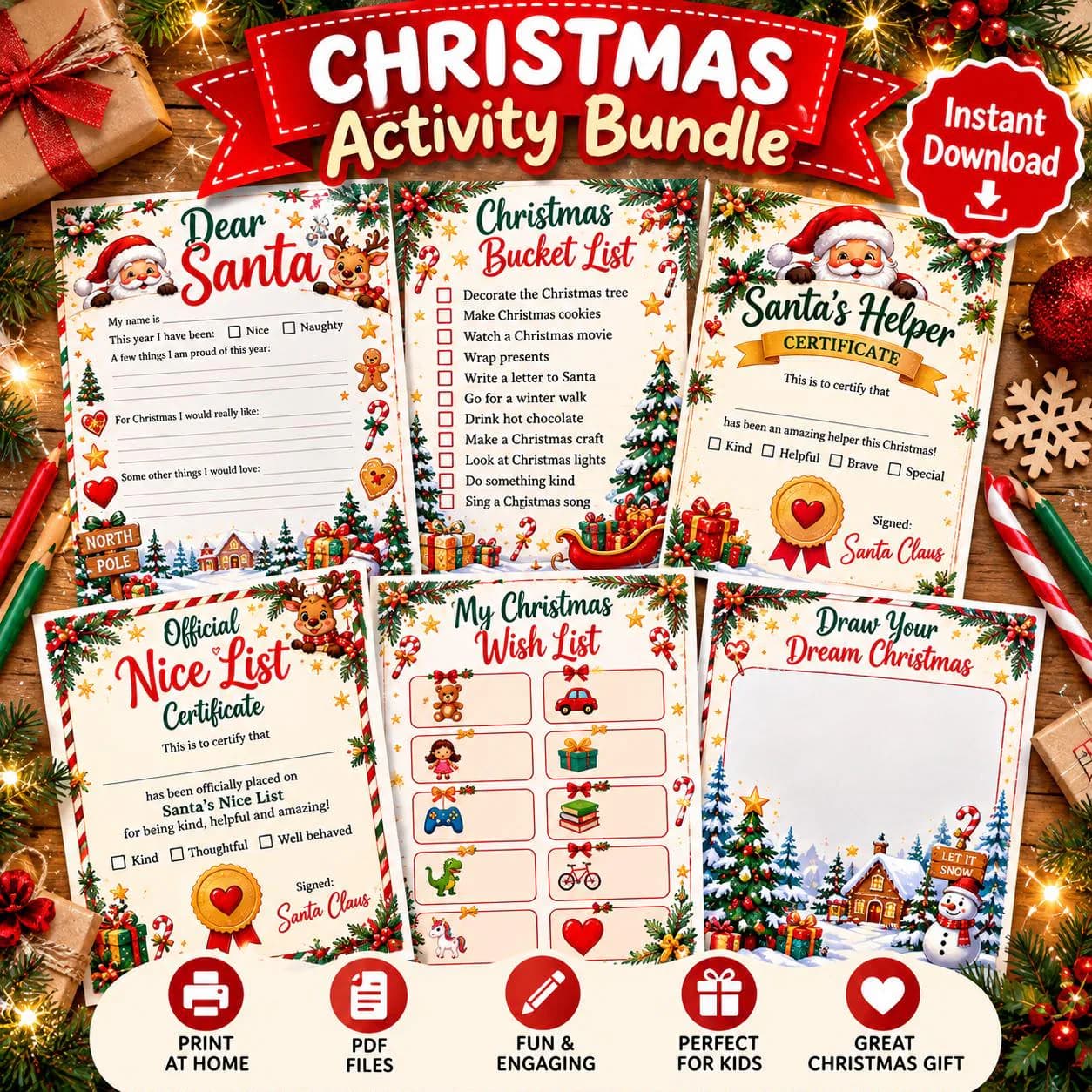 Christmas Activity Bundle for Kids, Printable PDF (Dear Santa, Wish List) - photo 3