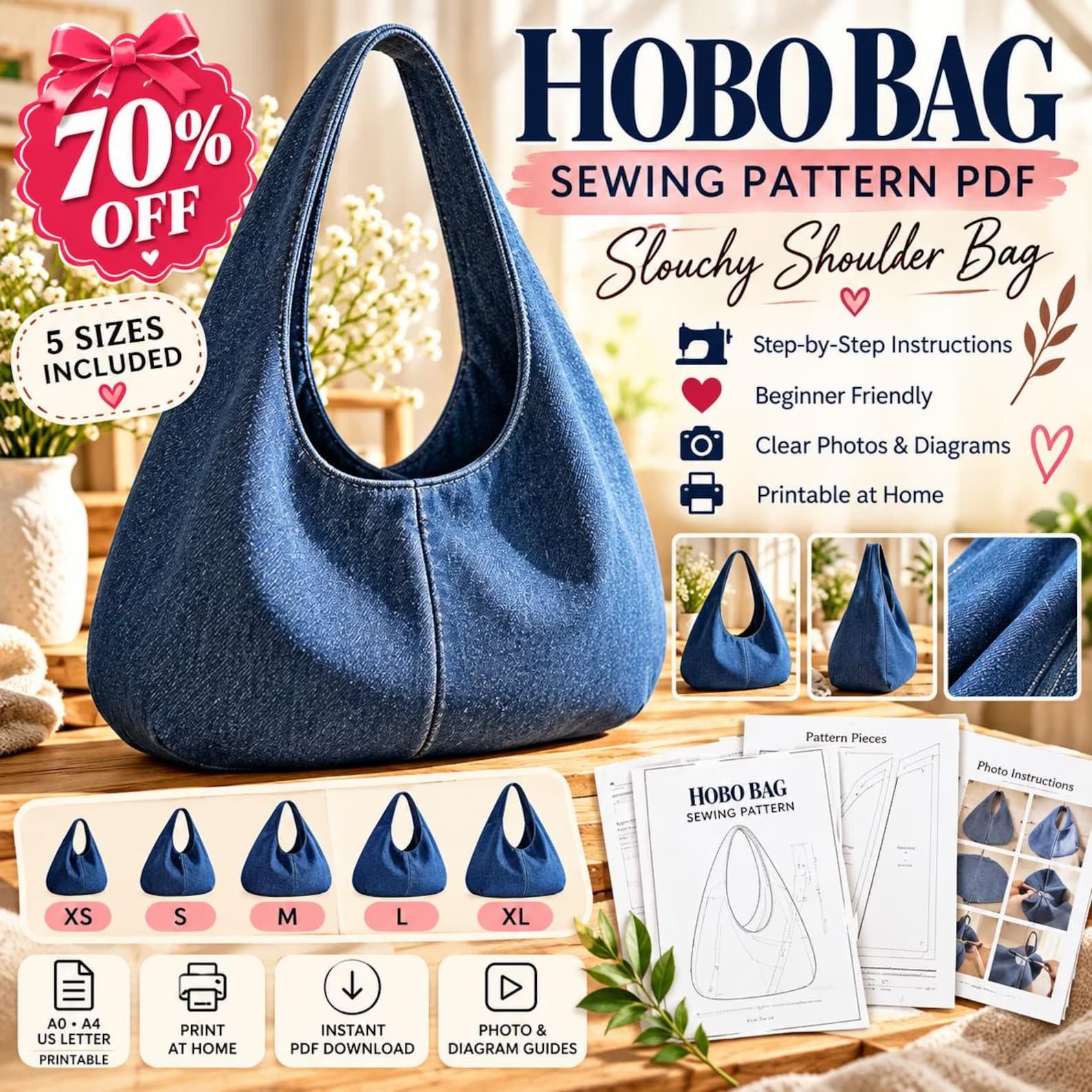 Hobo Bag crochet Pattern sewing PDF, Slouchy DIY Shoulder Bag in 5 Sizes