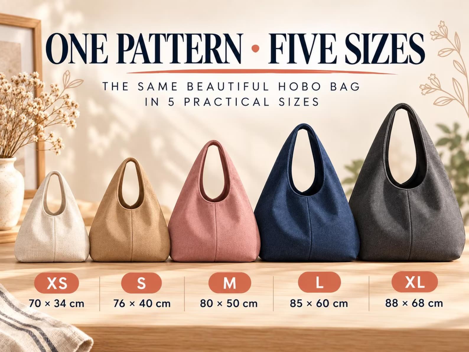 Hobo Bag crochet Pattern sewing PDF, Slouchy DIY Shoulder Bag in 5 Sizes - photo 2