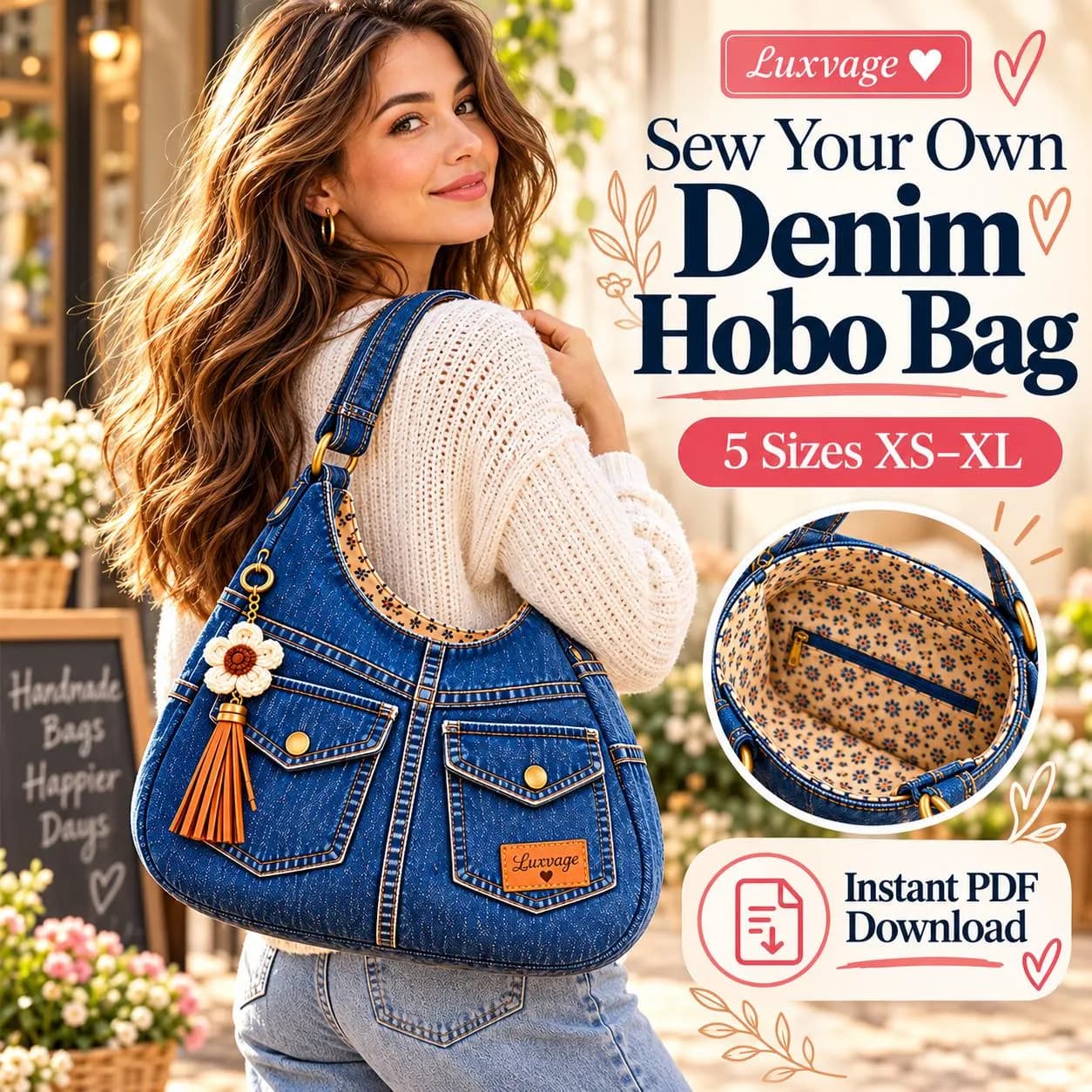 DIY Denim Hobo bag , Slouchy Shoulder Bag Sewing Pattern PDF 5 Size xs-xl-A0-A4 US Letter - photo 10