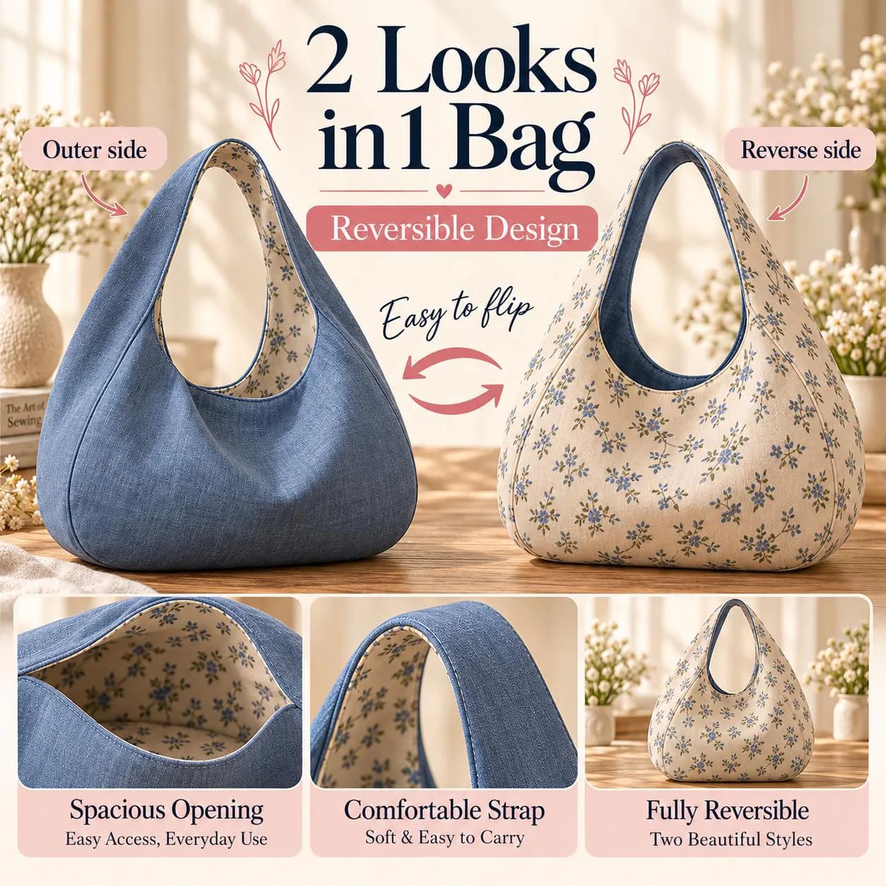 Soft Arc Hobo Bag Sewing Pattern PDF, Reversible Shoulder Bag, 5 Sizes - photo 5