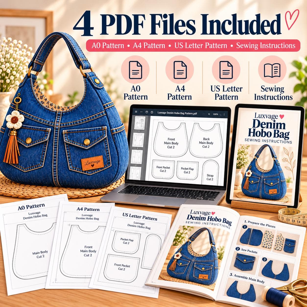 DIY Denim Hobo bag , Slouchy Shoulder Bag Sewing Pattern PDF 5 Size xs-xl-A0-A4 US Letter - photo 3