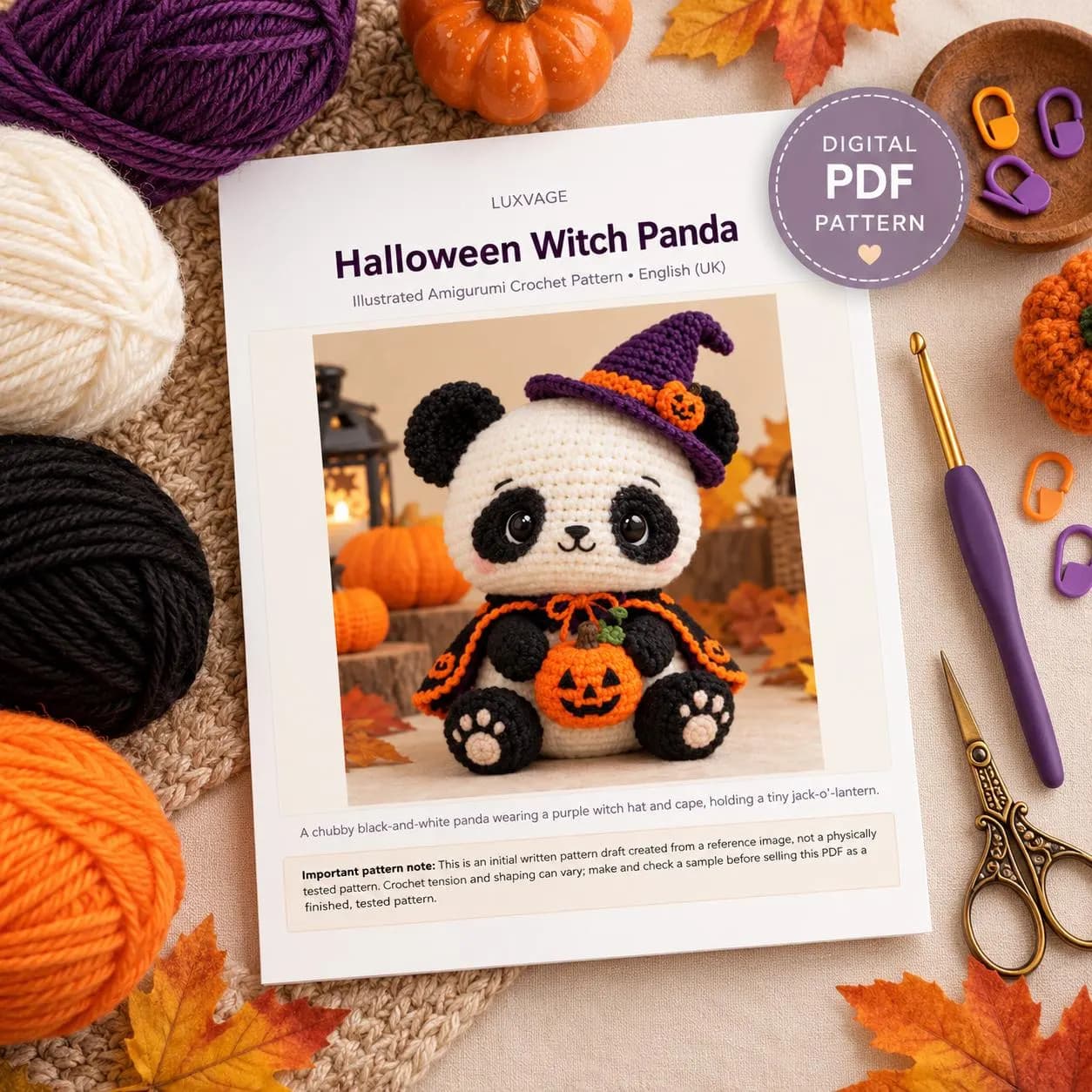 Halloween Witch Panda Crochet Pattern PDF, Amigurumi Panda with Pumpkin and Cape - photo 3