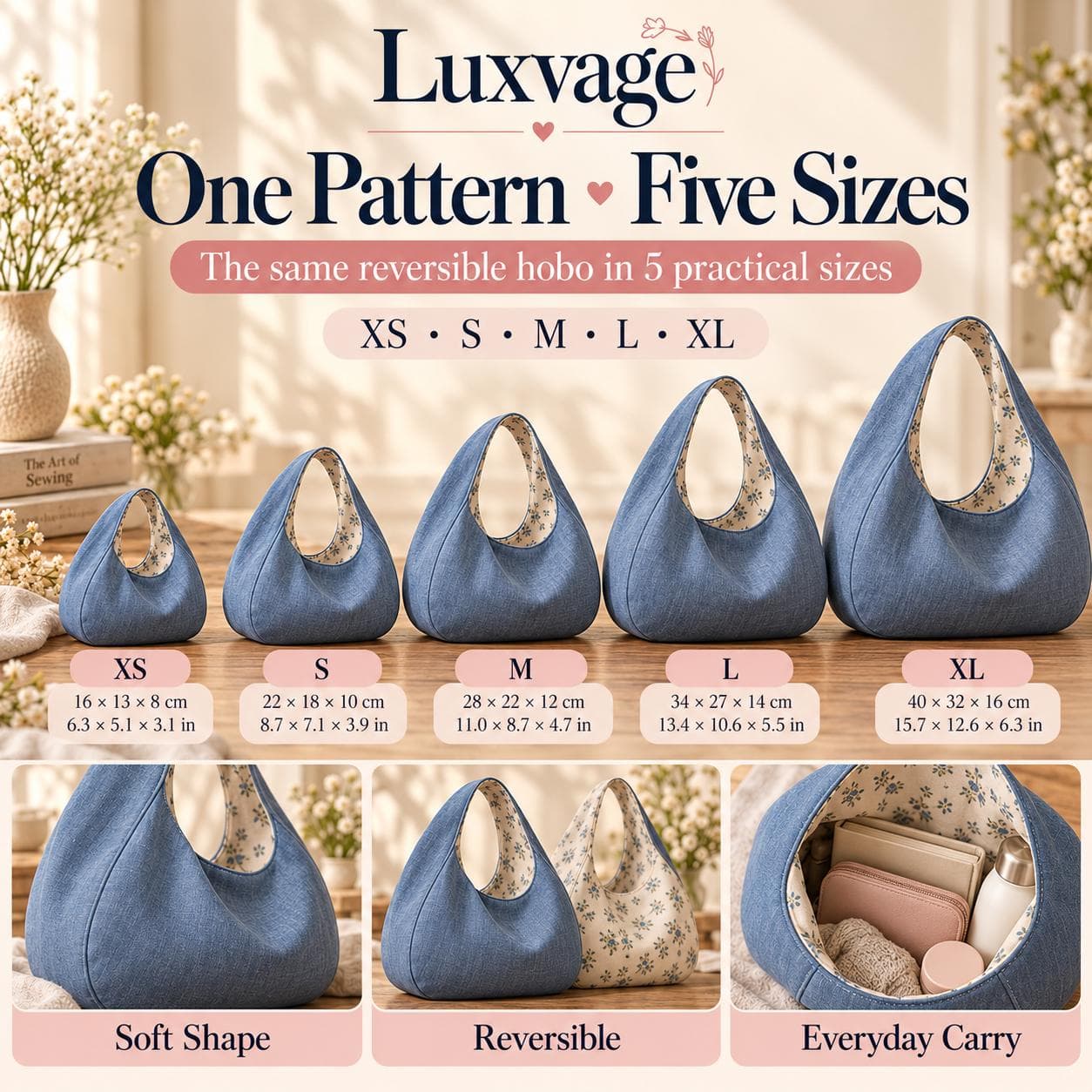 Soft Arc Hobo Bag Sewing Pattern PDF, Reversible Shoulder Bag, 5 Sizes - photo 6
