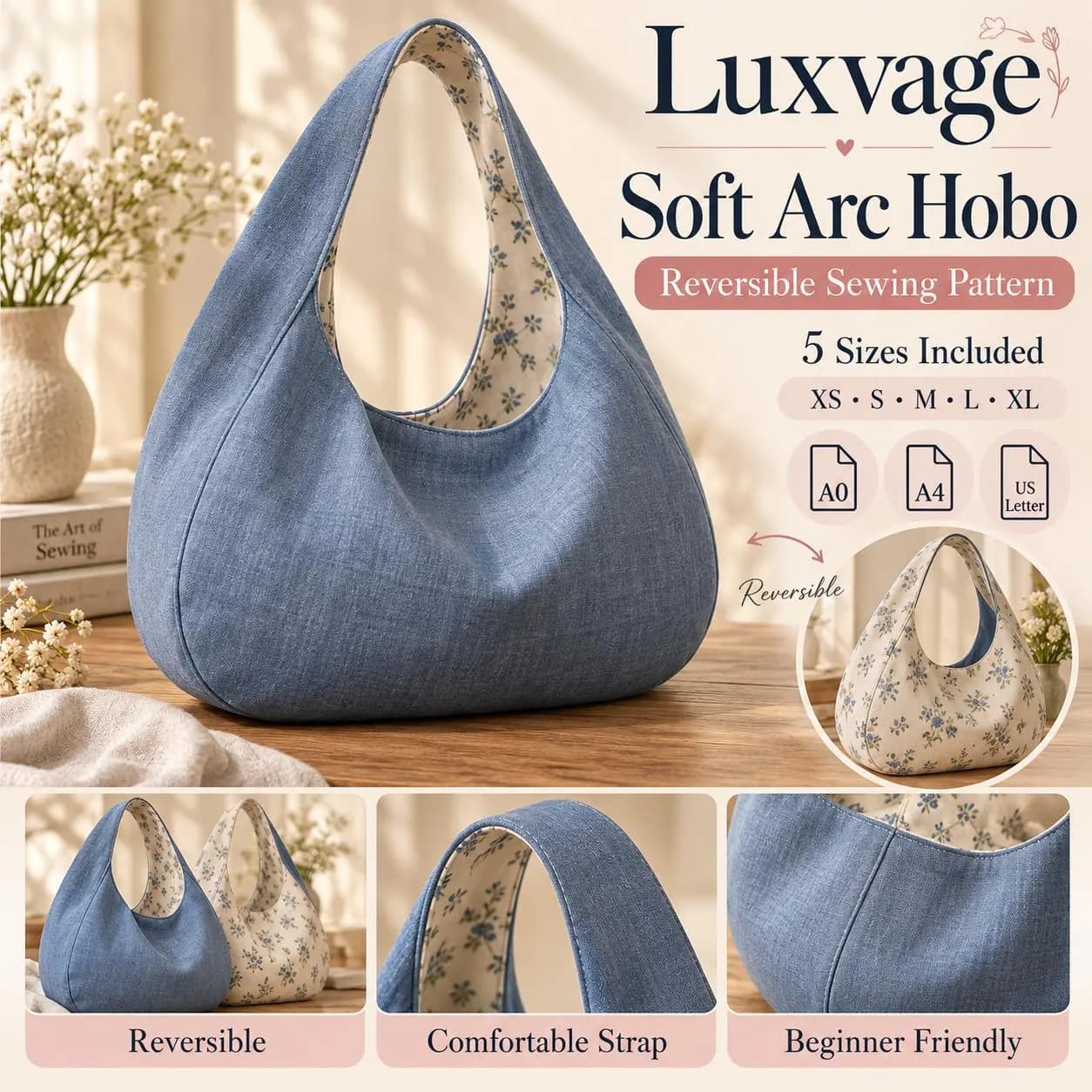 Soft Arc Hobo Bag Sewing Pattern PDF, Reversible Shoulder Bag, 5 Sizes - photo 3