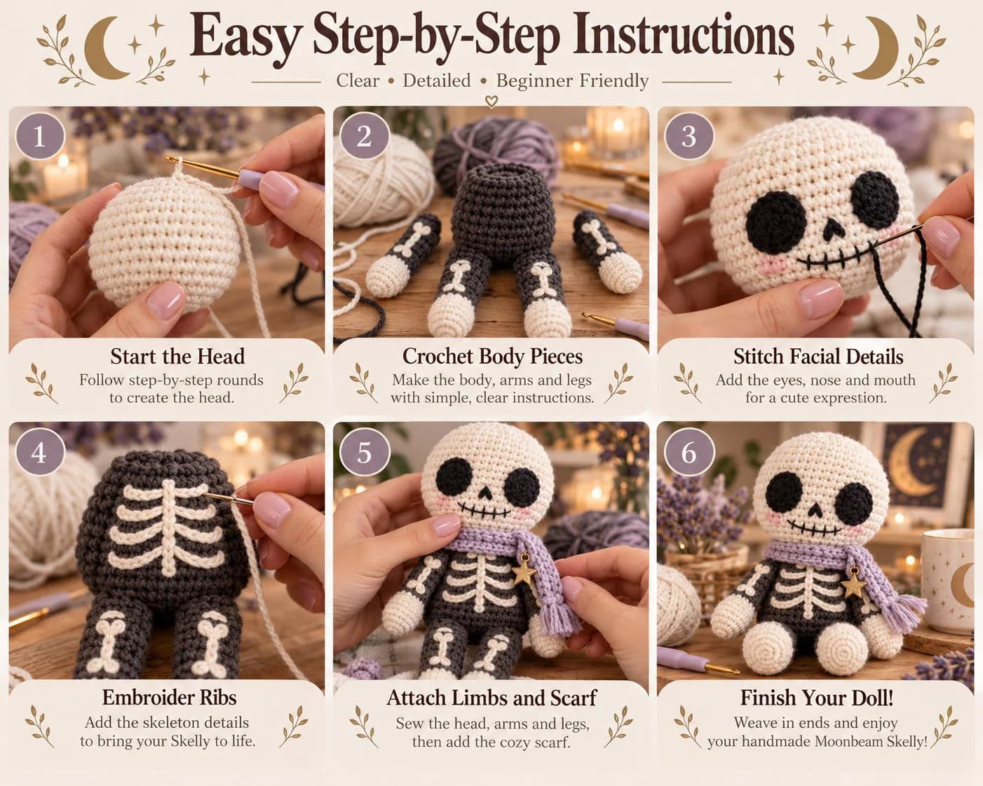 Moonbeam Skelly Amigurumi Crochet Pattern PDF, Spooky Skeleton Doll (4 Languages) - photo 6