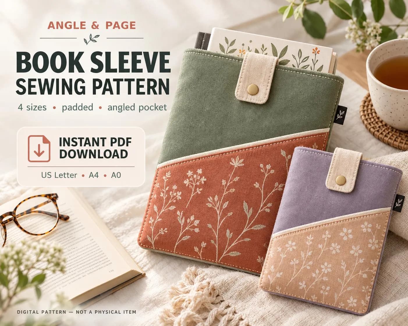 Book Sleeve Sewing Pattern PDF, Padded Kindle Cover with Pocket, 4 Sizes