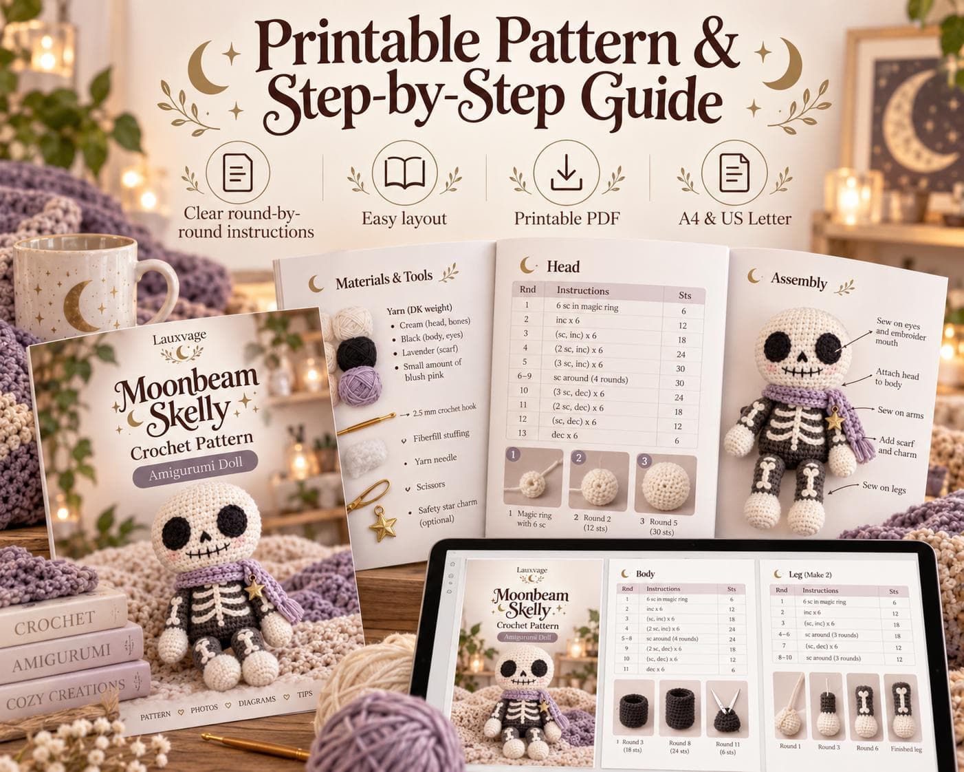 Moonbeam Skelly Amigurumi Crochet Pattern PDF, Spooky Skeleton Doll (4 Languages) - photo 4