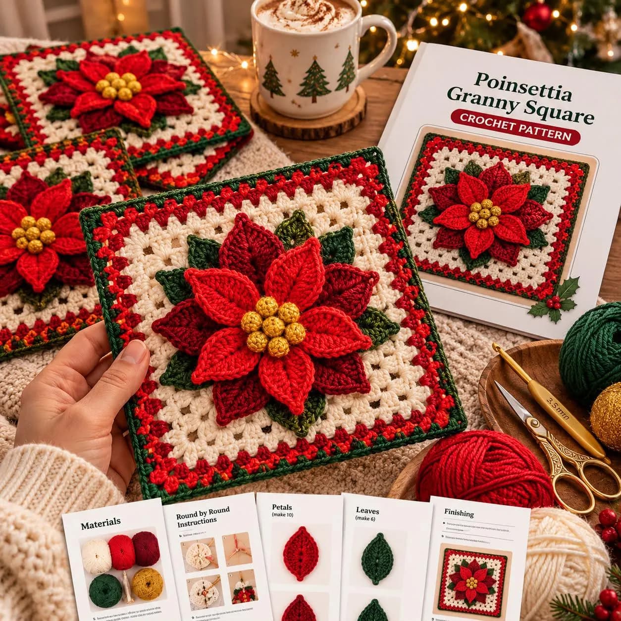 Poinsettia Granny Square Crochet Pattern, Christmas Floral Design (PDF) - photo 4