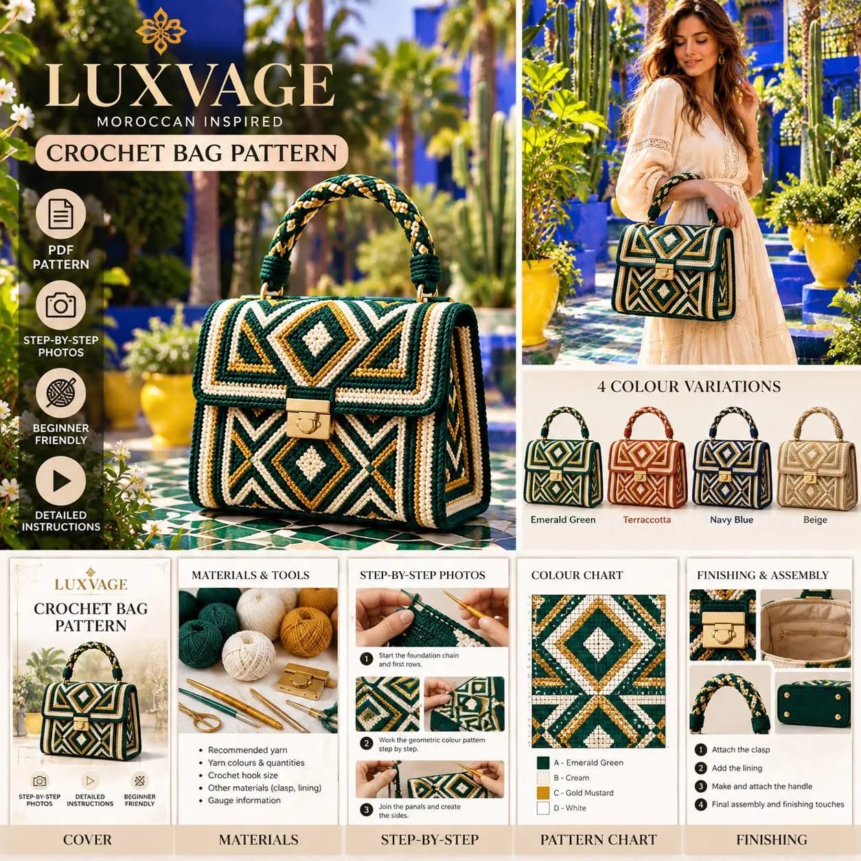 Handmade Crochet Bag Moroccan Pattern PDF, Geometric Handbag Design, Digital Download - photo 4