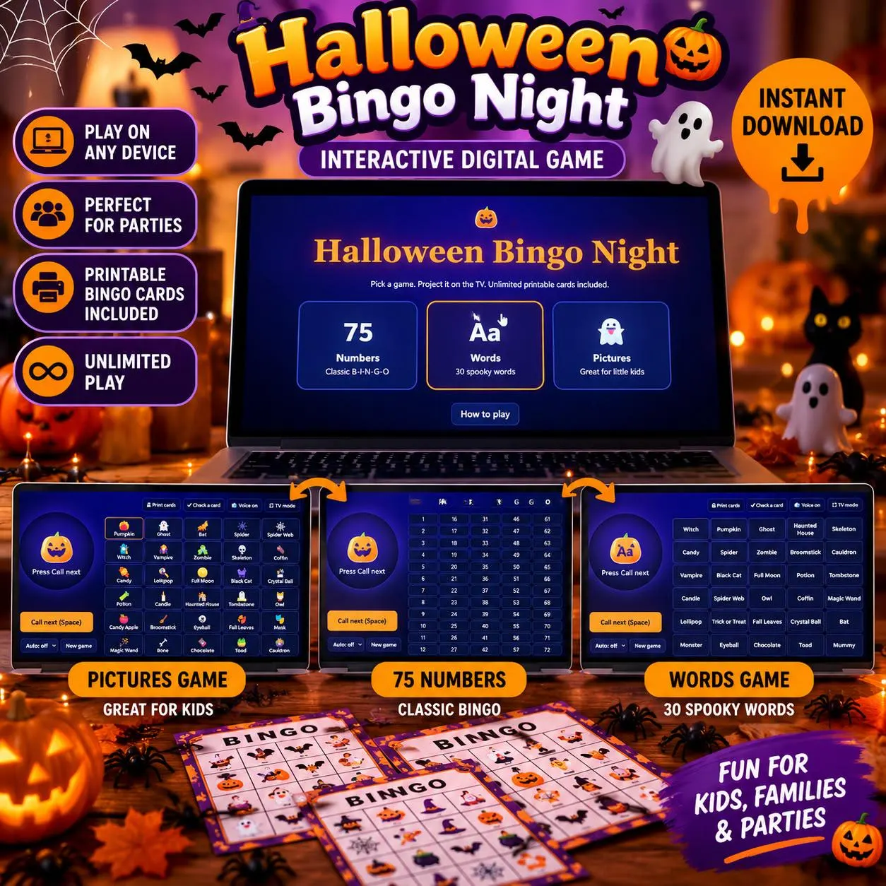 Halloween Bingo Game, 3 Modes (Numbers, Words, Pictures) (Digital Download) - photo 2