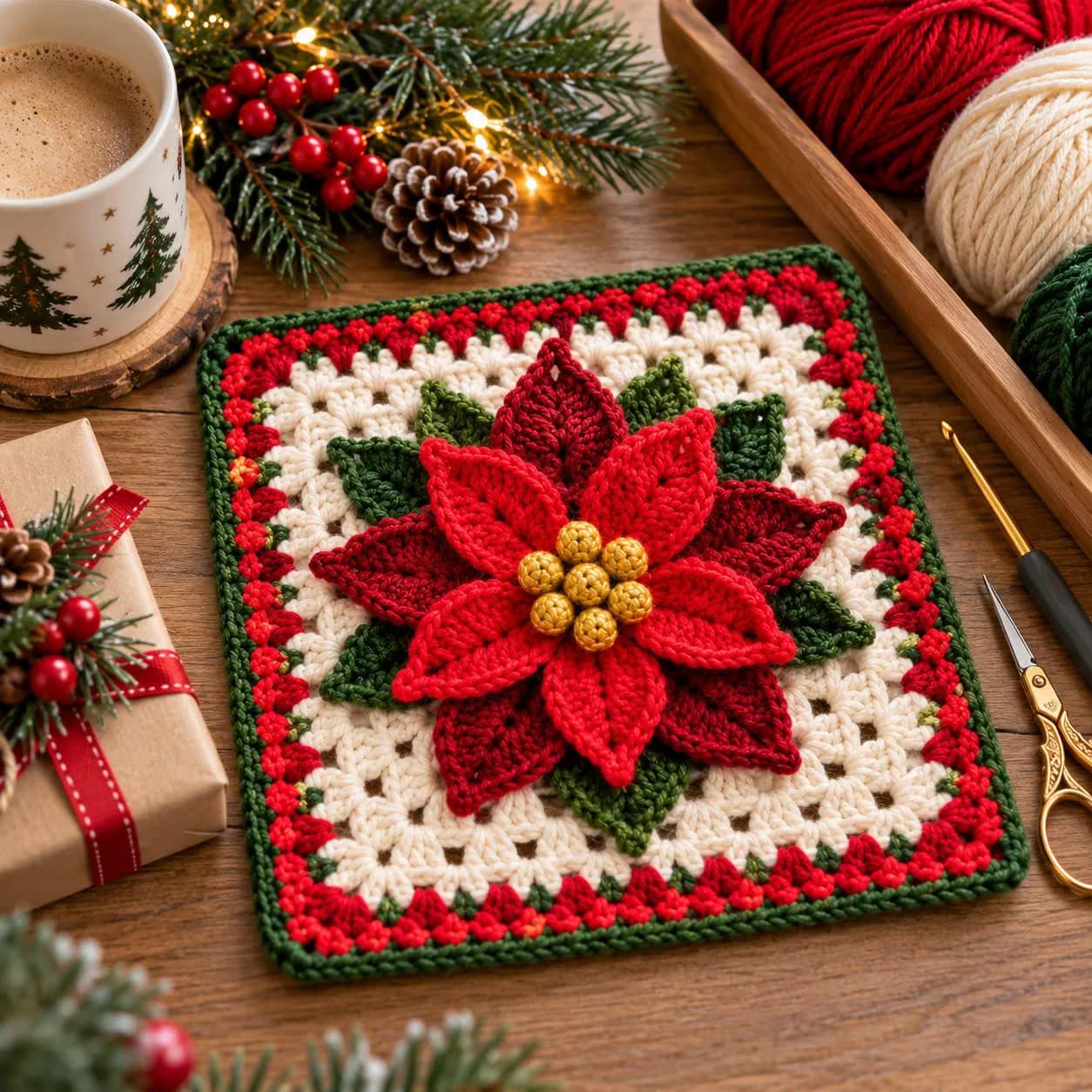 Poinsettia Granny Square Crochet Pattern, Christmas Floral Design (PDF) - photo 2