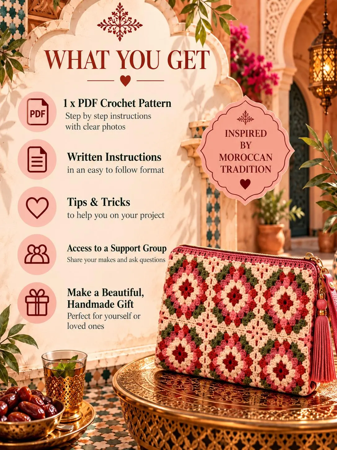 Moroccan Crochet Bag Pattern PDF, Granny Square Wristlet Purse, Floral Zipper Pouch, Digital Download - photo 3
