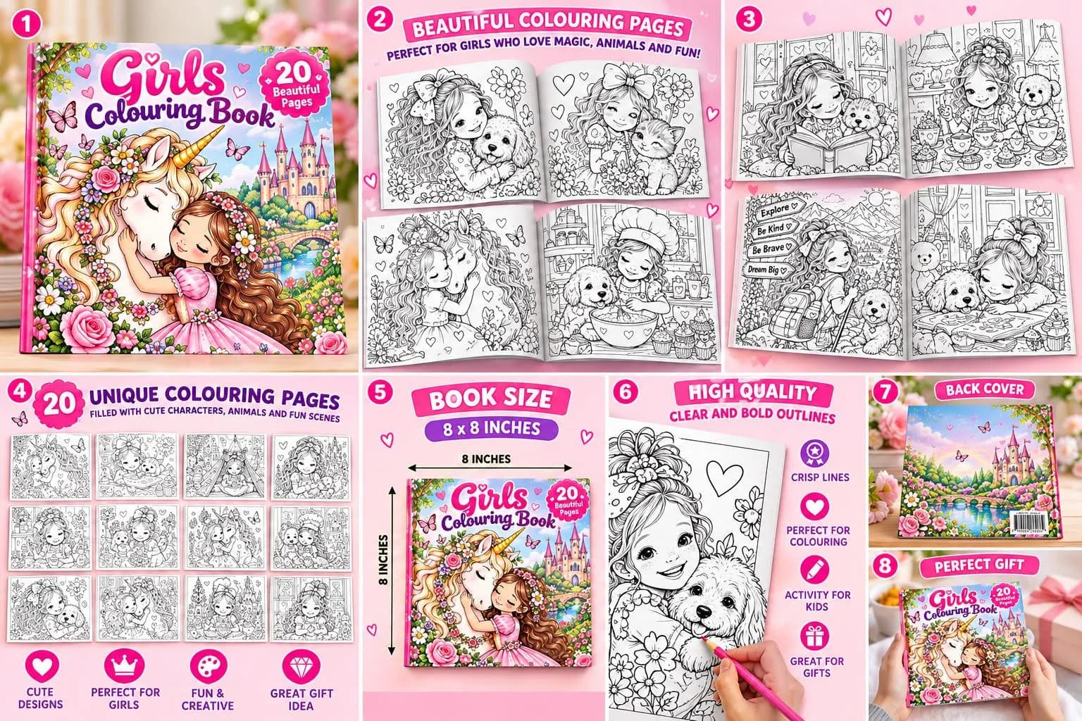 Girls Unicorn Coloring Book, 20 Magical Scenes, 8x8 Inch Activity Book - photo 3
