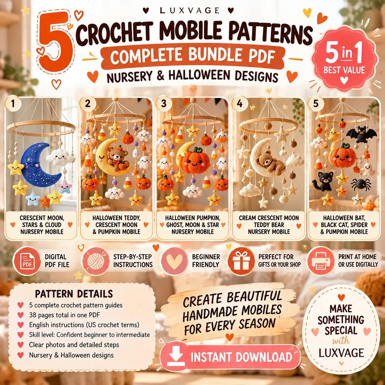 Crochet Baby Mobile Patterns Bundle PDF, 5 Nursery & Halloween Amigurumi Designs - photo 7