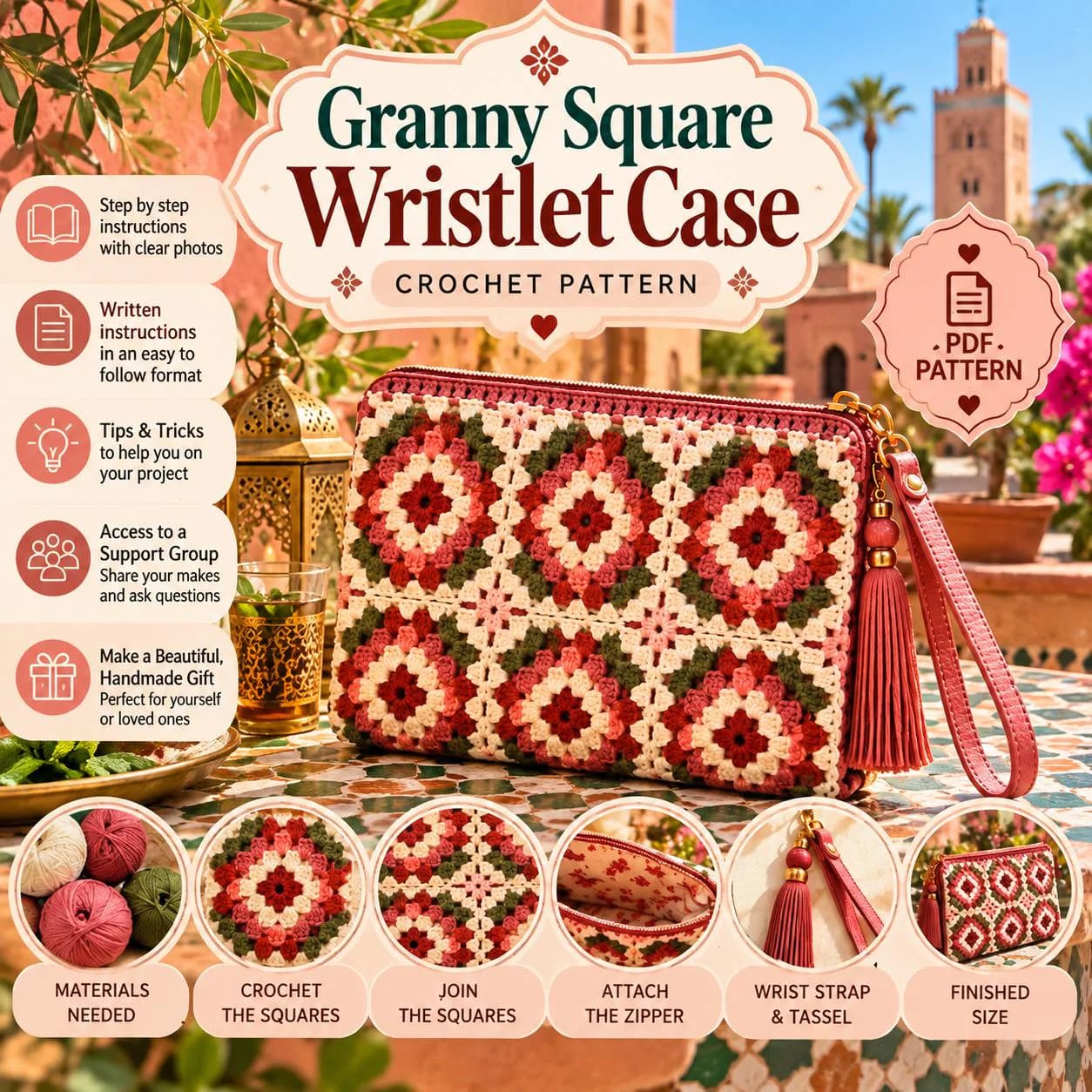 Moroccan Crochet Bag Pattern PDF, Granny Square Wristlet Purse, Floral Zipper Pouch, Digital Download - photo 2