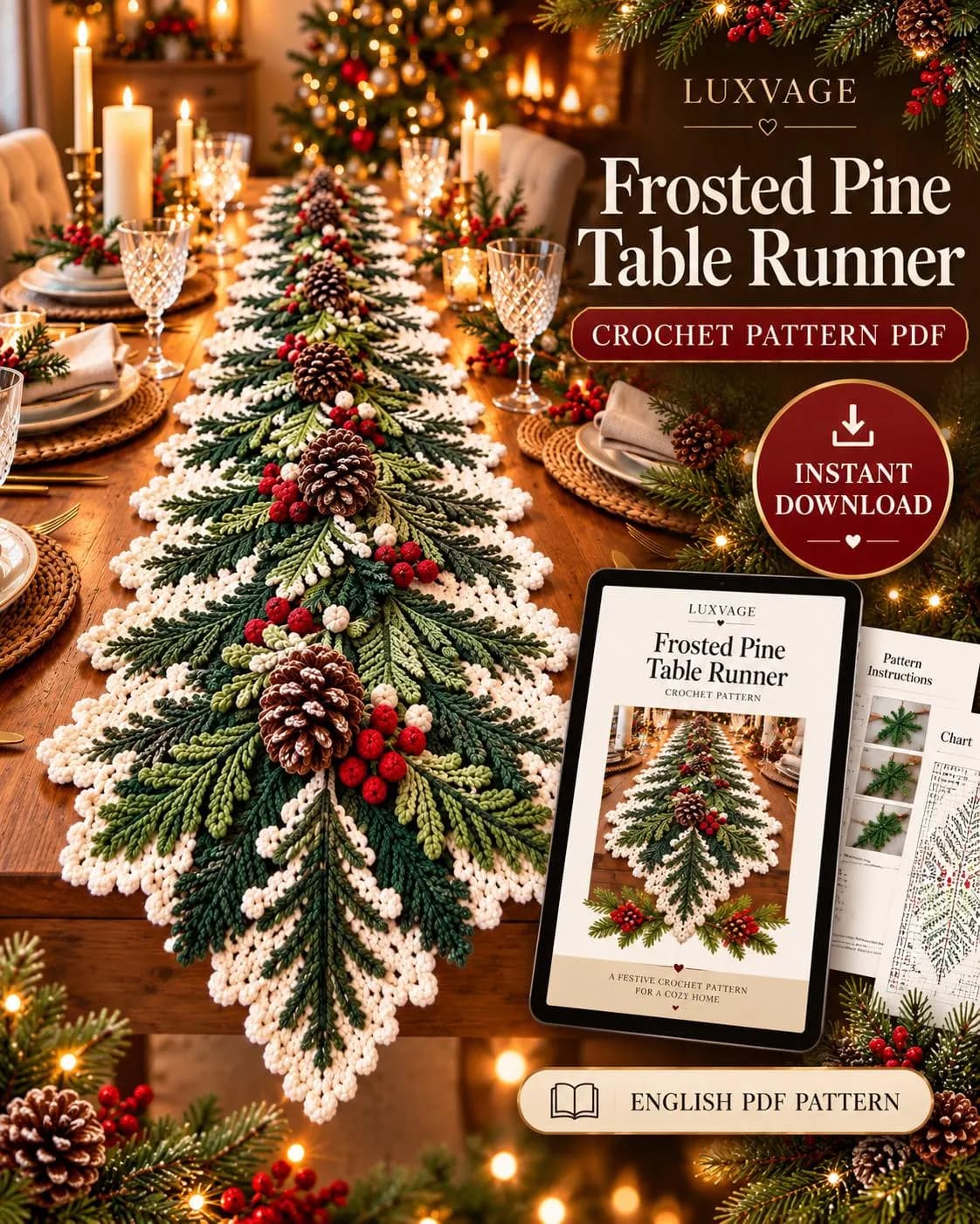 Christmas Table Runner Crochet Pattern PDF, Frosted Pine Holiday Table Décor, Winter Centerpiece, Digital Download - photo 2