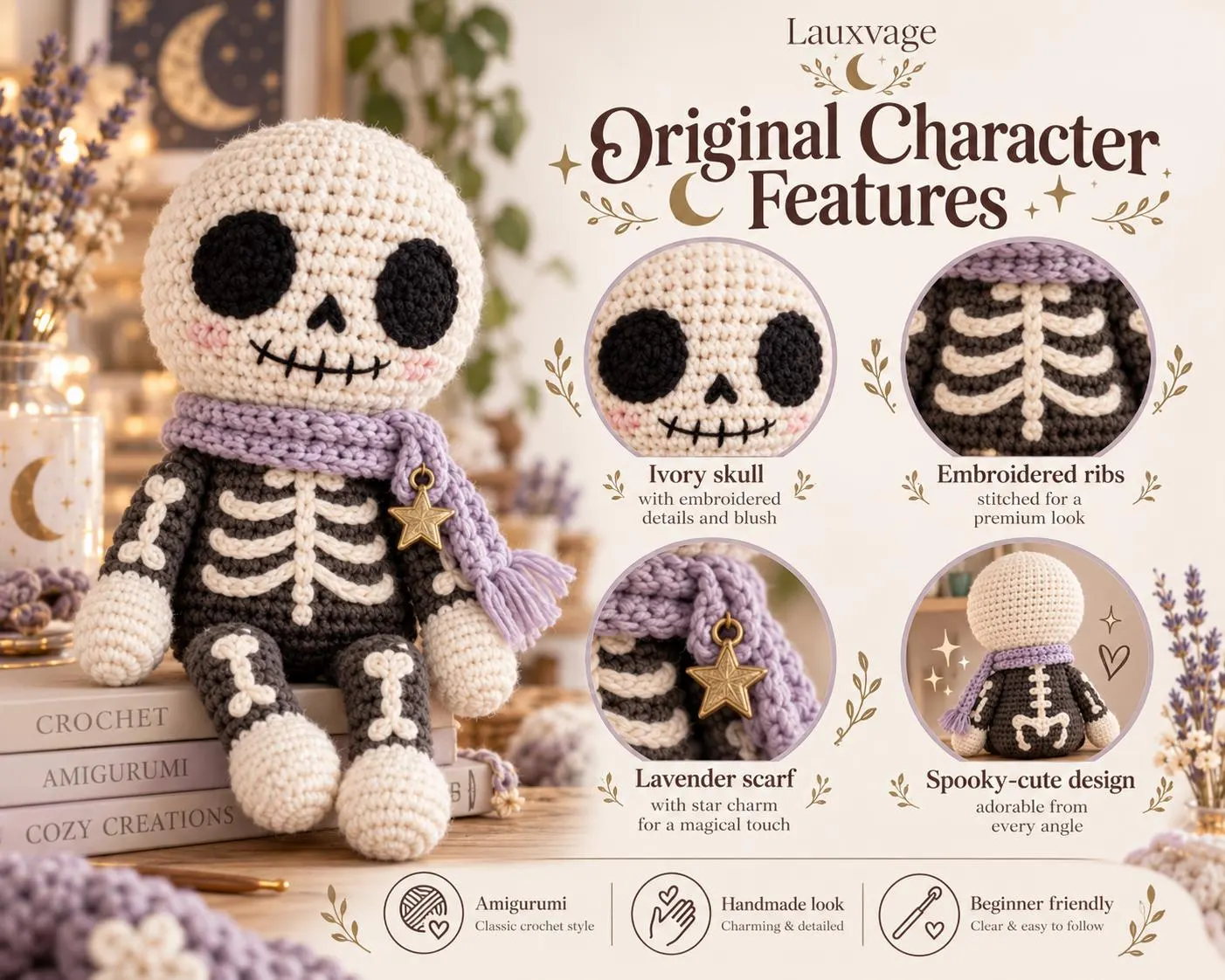 Moonbeam Skelly Amigurumi Crochet Pattern PDF, Spooky Skeleton Doll (4 Languages) - photo 2