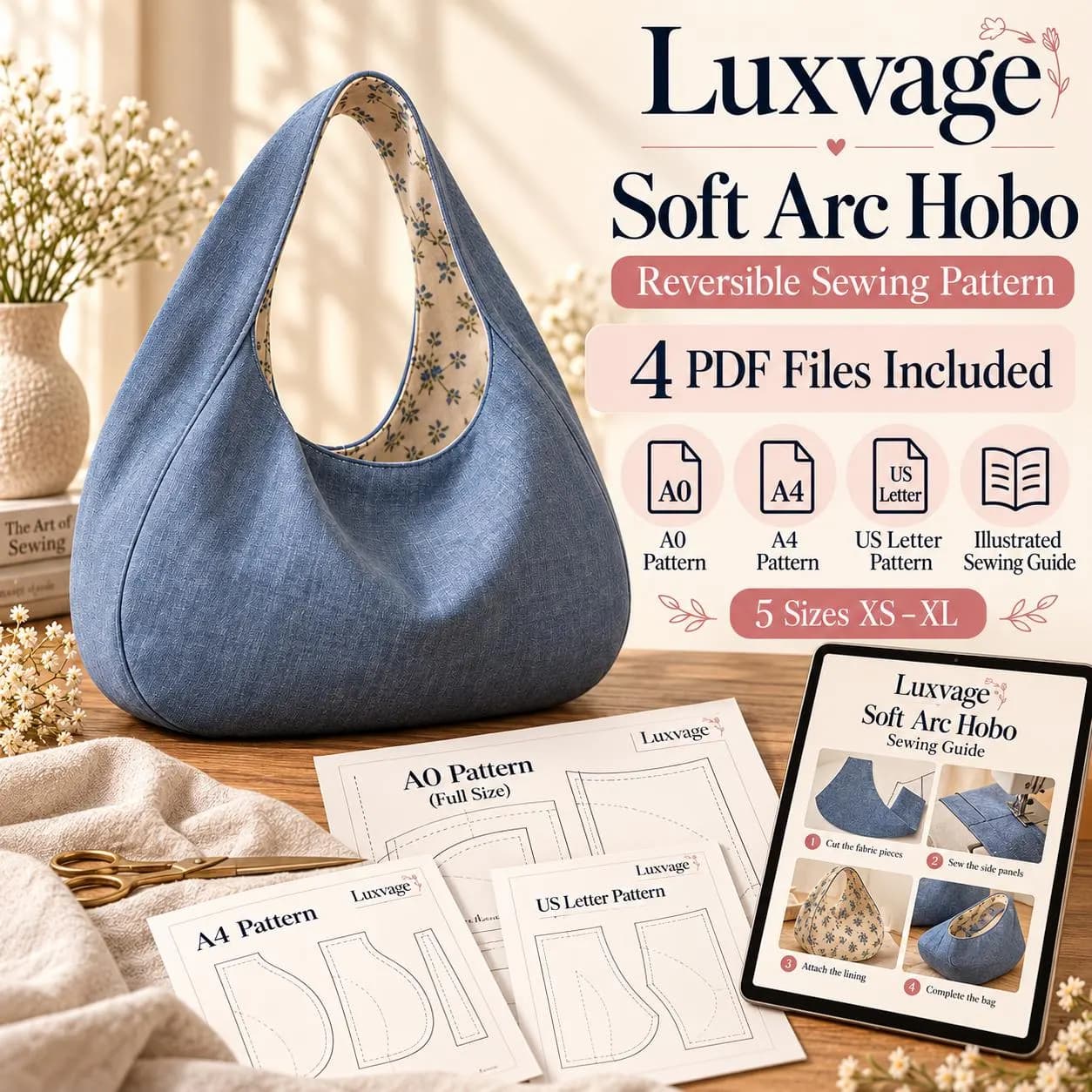 Soft Arc Hobo Bag Sewing Pattern PDF, Reversible Shoulder Bag, 5 Sizes - photo 8