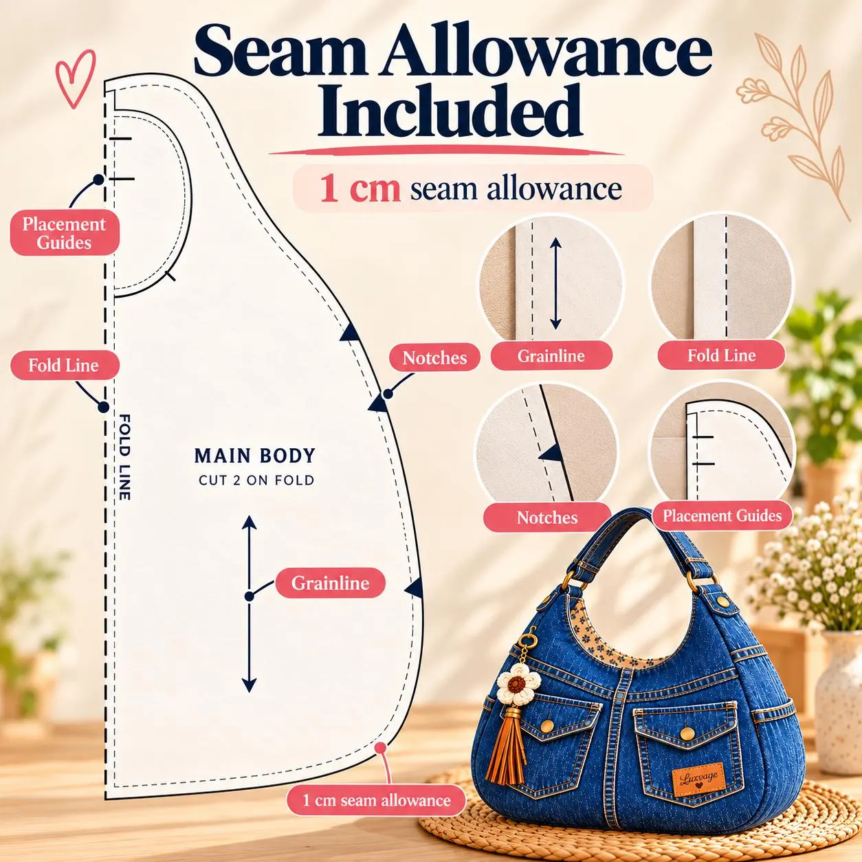 DIY Denim Hobo bag , Slouchy Shoulder Bag Sewing Pattern PDF 5 Size xs-xl-A0-A4 US Letter - photo 5