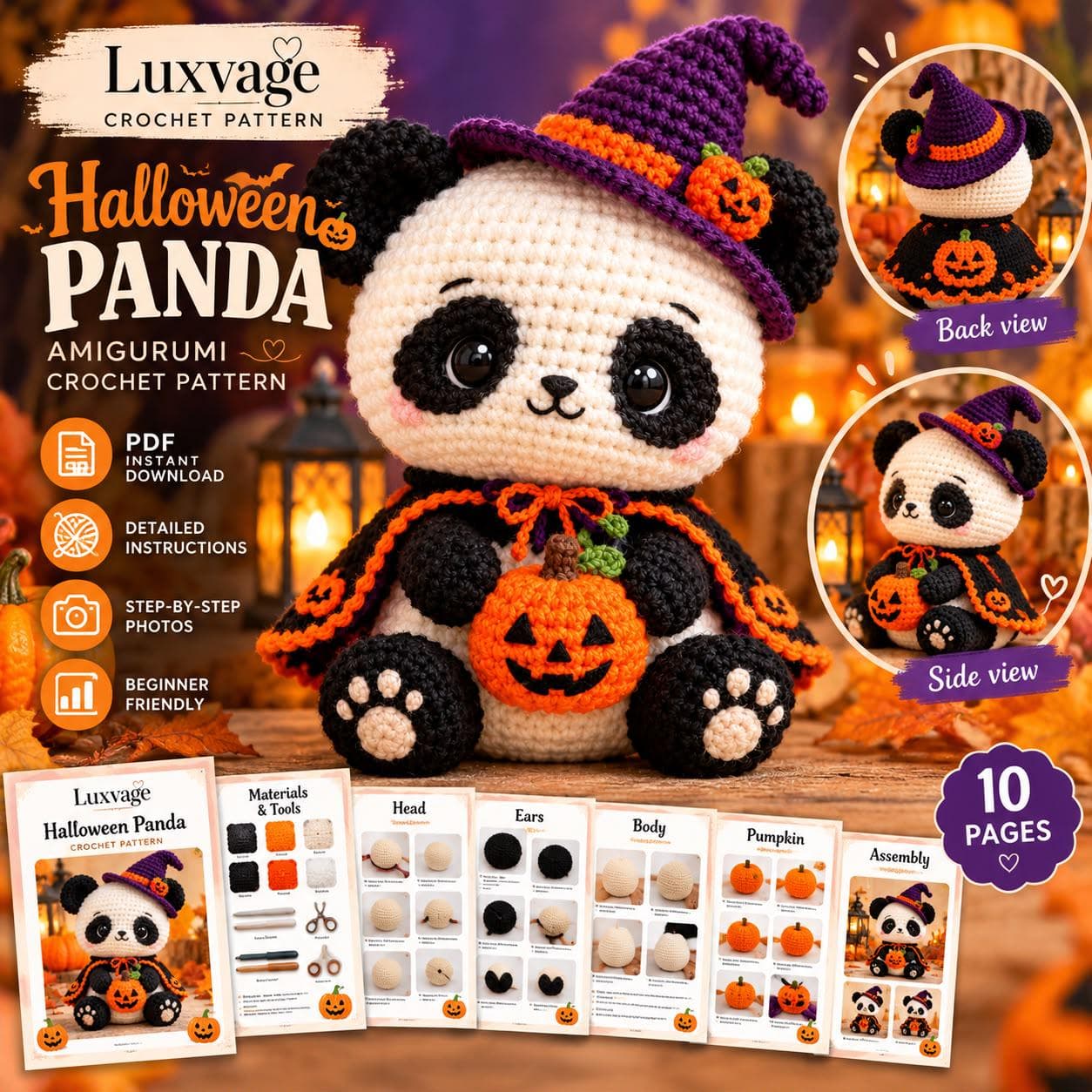 Halloween Witch Panda Crochet Pattern PDF, Amigurumi Panda with Pumpkin and Cape - photo 6