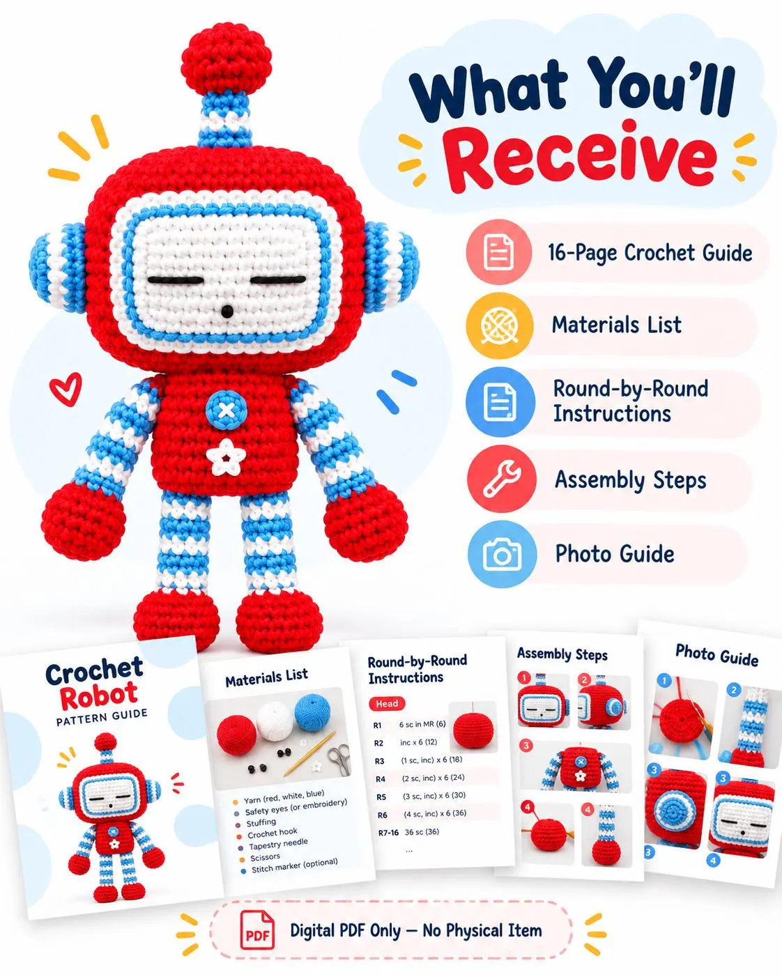 Low Sew Crochet Robot Pattern PDF | Cute Retro Amigurumi Plush Toy Tutorial | Crochet Toy | Digital Download - photo 3