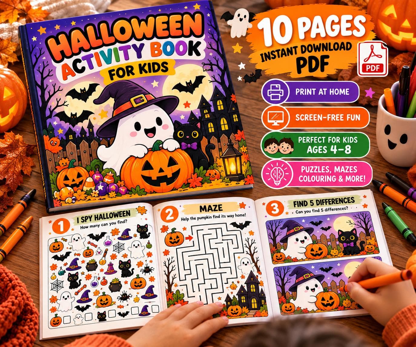 Halloween Activity Book for Kids, Printable PDF, Halloween Games, Puzzles & Colouring, Ages 4-8