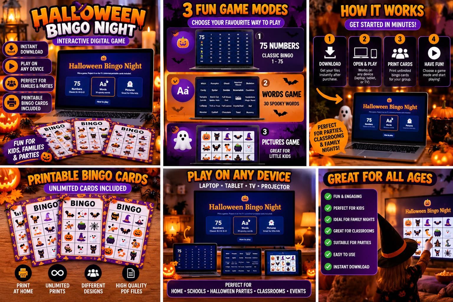 Halloween Bingo Game, 3 Modes (Numbers, Words, Pictures) (Digital Download) - photo 4