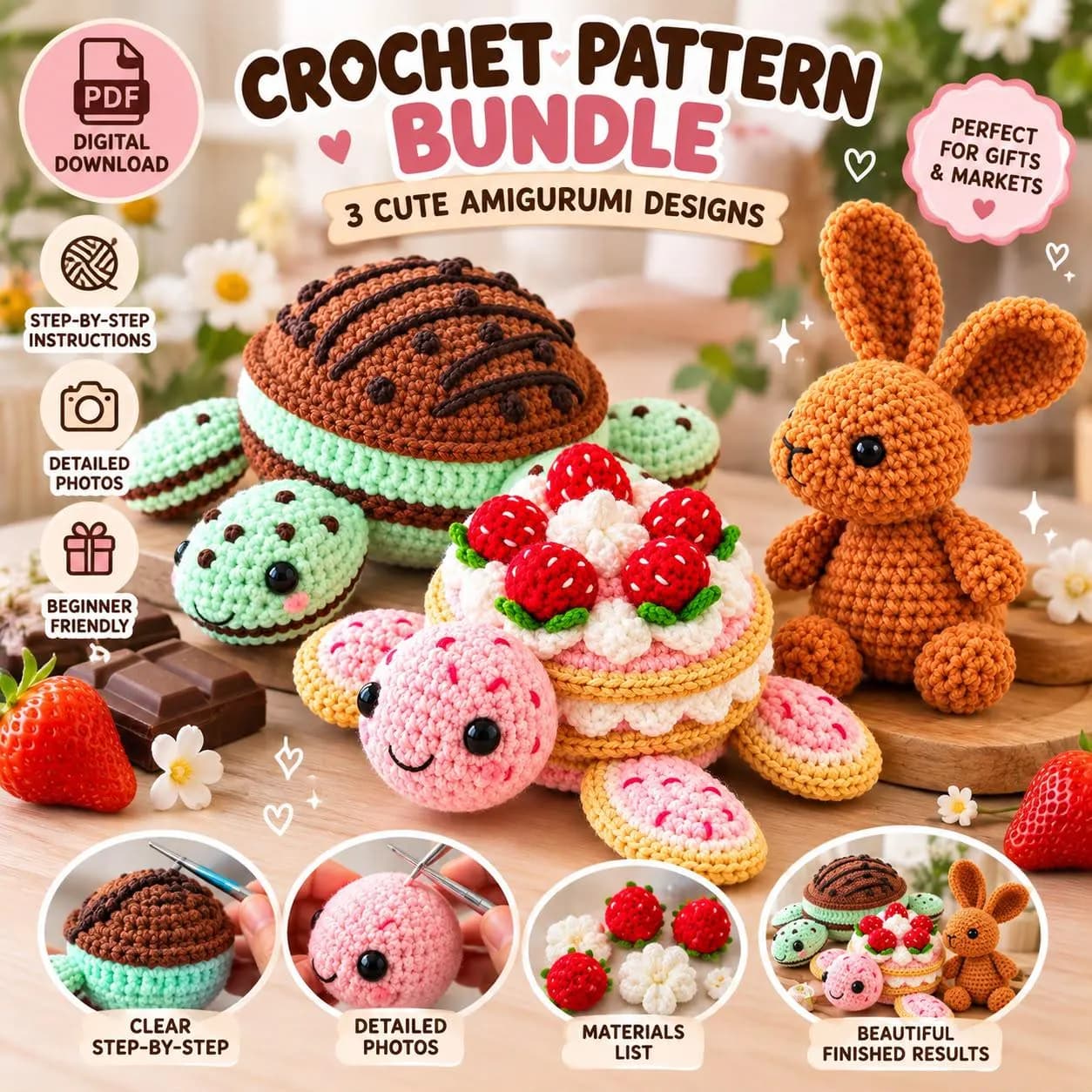Strawberry Shortcake Bundle chocolate Turtle & Bunny (Digital PDF)