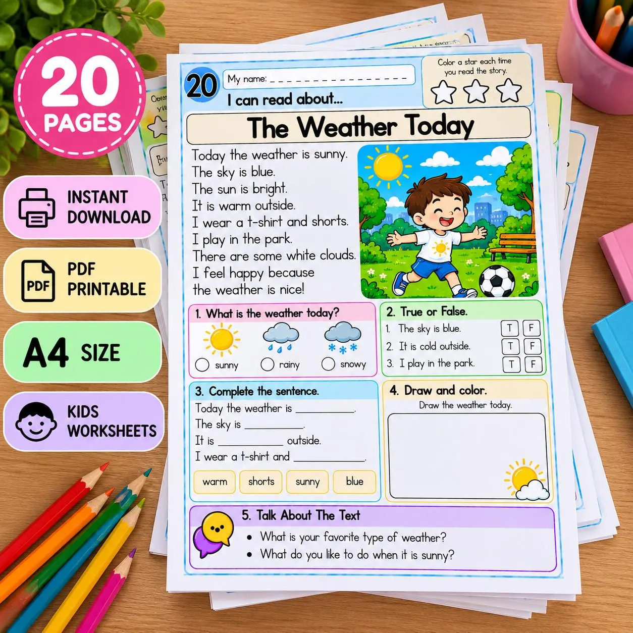 Kindergarten Reading Comprehension Worksheets, 20 Printable A4 PDF (Digital Download)