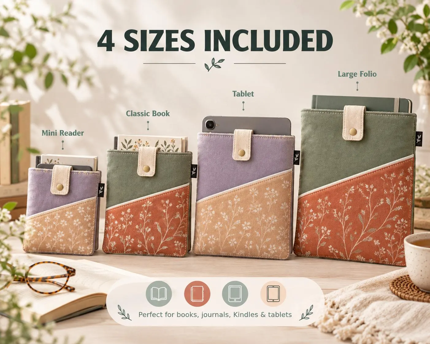 Book Sleeve Sewing Pattern PDF, Padded Kindle Cover with Pocket, 4 Sizes - photo 2