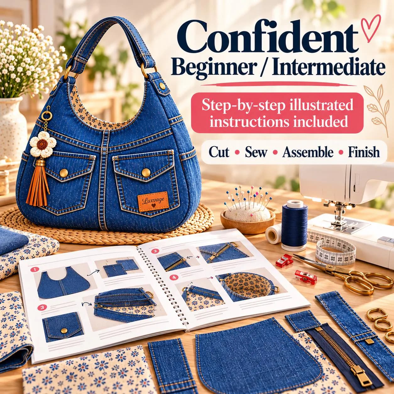 DIY Denim Hobo bag , Slouchy Shoulder Bag Sewing Pattern PDF 5 Size xs-xl-A0-A4 US Letter - photo 9