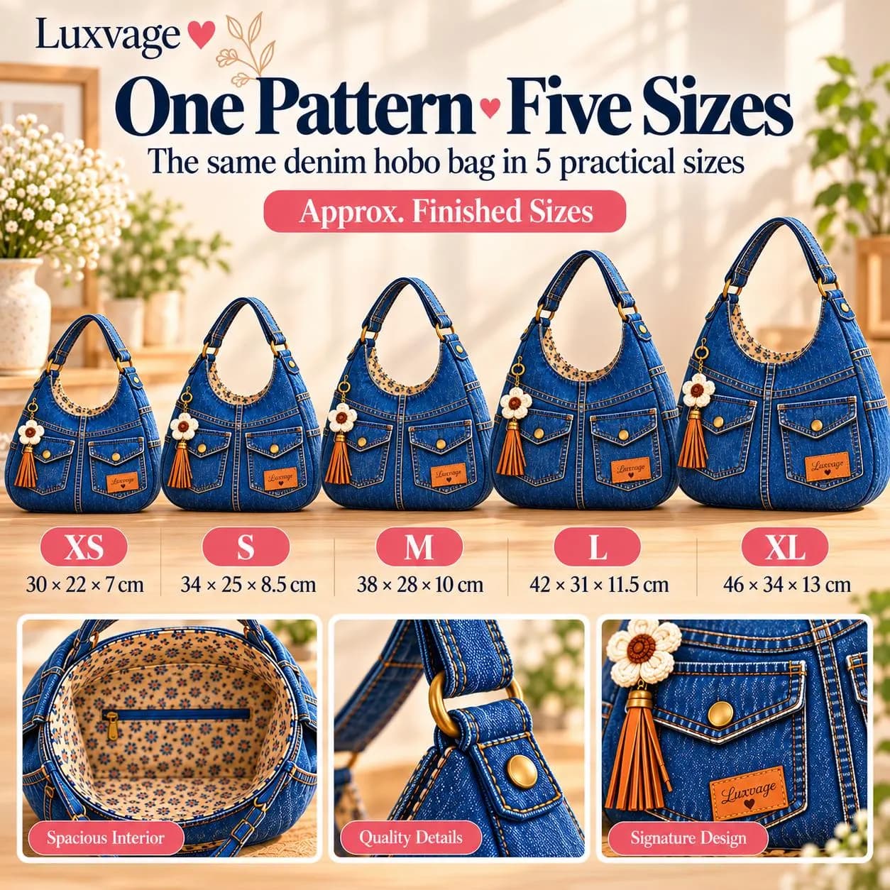 DIY Denim Hobo bag , Slouchy Shoulder Bag Sewing Pattern PDF 5 Size xs-xl-A0-A4 US Letter - photo 2