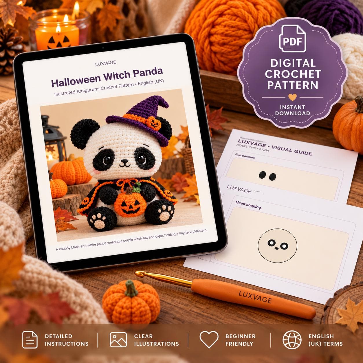Halloween Witch Panda Crochet Pattern PDF, Amigurumi Panda with Pumpkin and Cape - photo 5