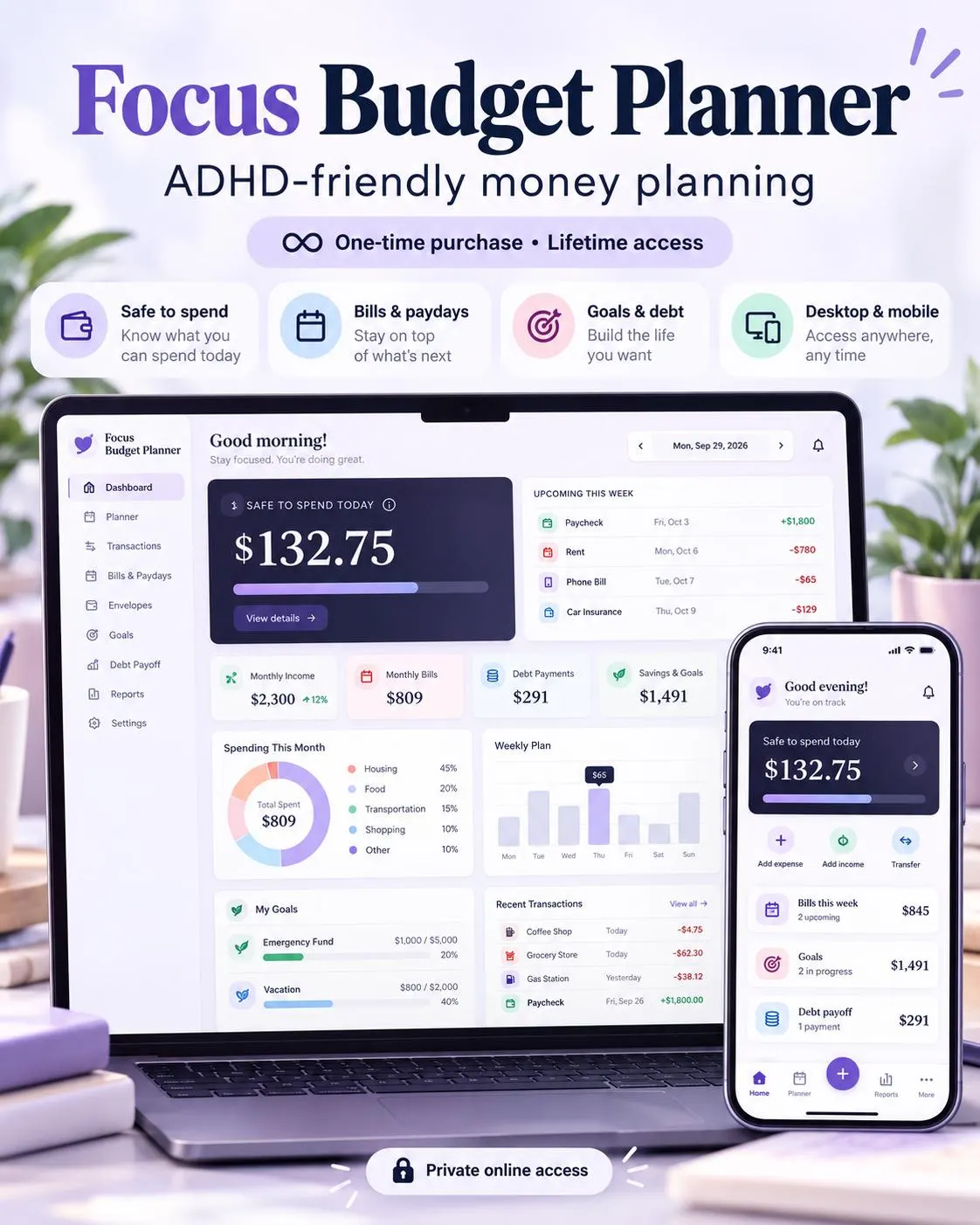 ADHD Budget Planner App Easy and Safe for beginner, Pay check Tracker Online + Offline, Debt & Savings Dashboard(Digital Download)
