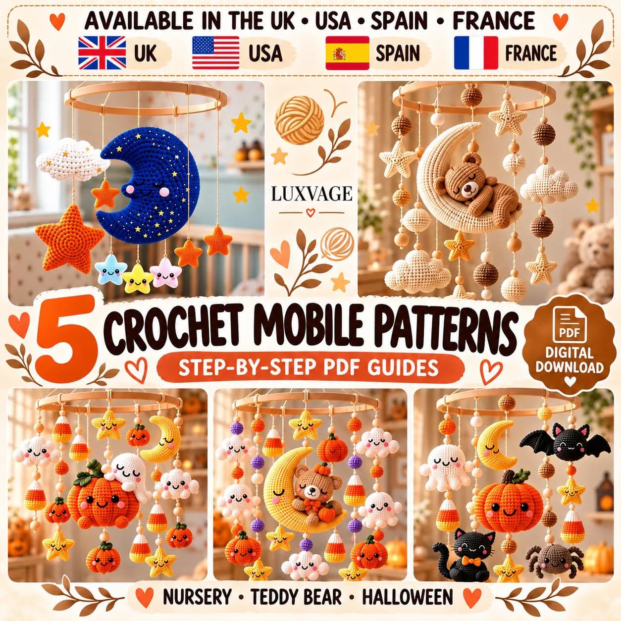 Crochet Baby Mobile Patterns Bundle PDF, 5 Nursery & Halloween Amigurumi Designs