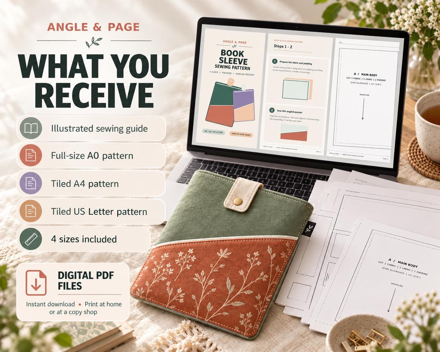 Book Sleeve Sewing Pattern PDF, Padded Kindle Cover with Pocket, 4 Sizes - photo 6