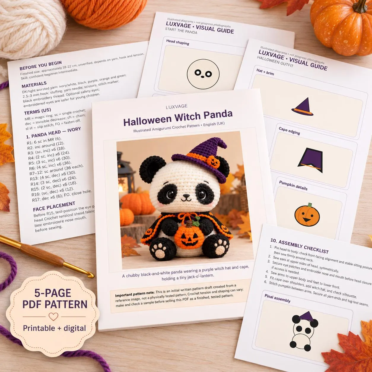 Halloween Witch Panda Crochet Pattern PDF, Amigurumi Panda with Pumpkin and Cape - photo 4