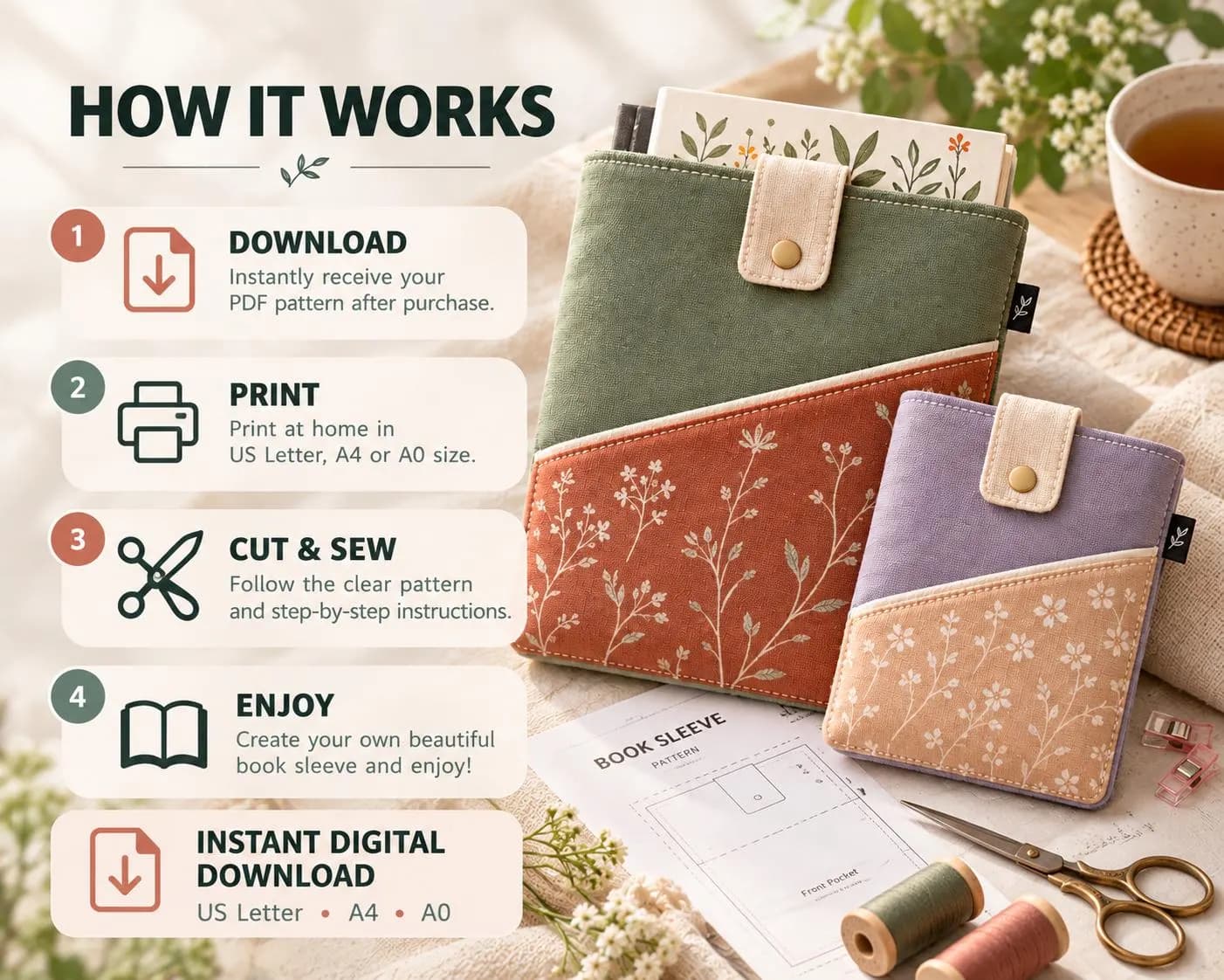 Book Sleeve Sewing Pattern PDF, Padded Kindle Cover with Pocket, 4 Sizes - photo 8