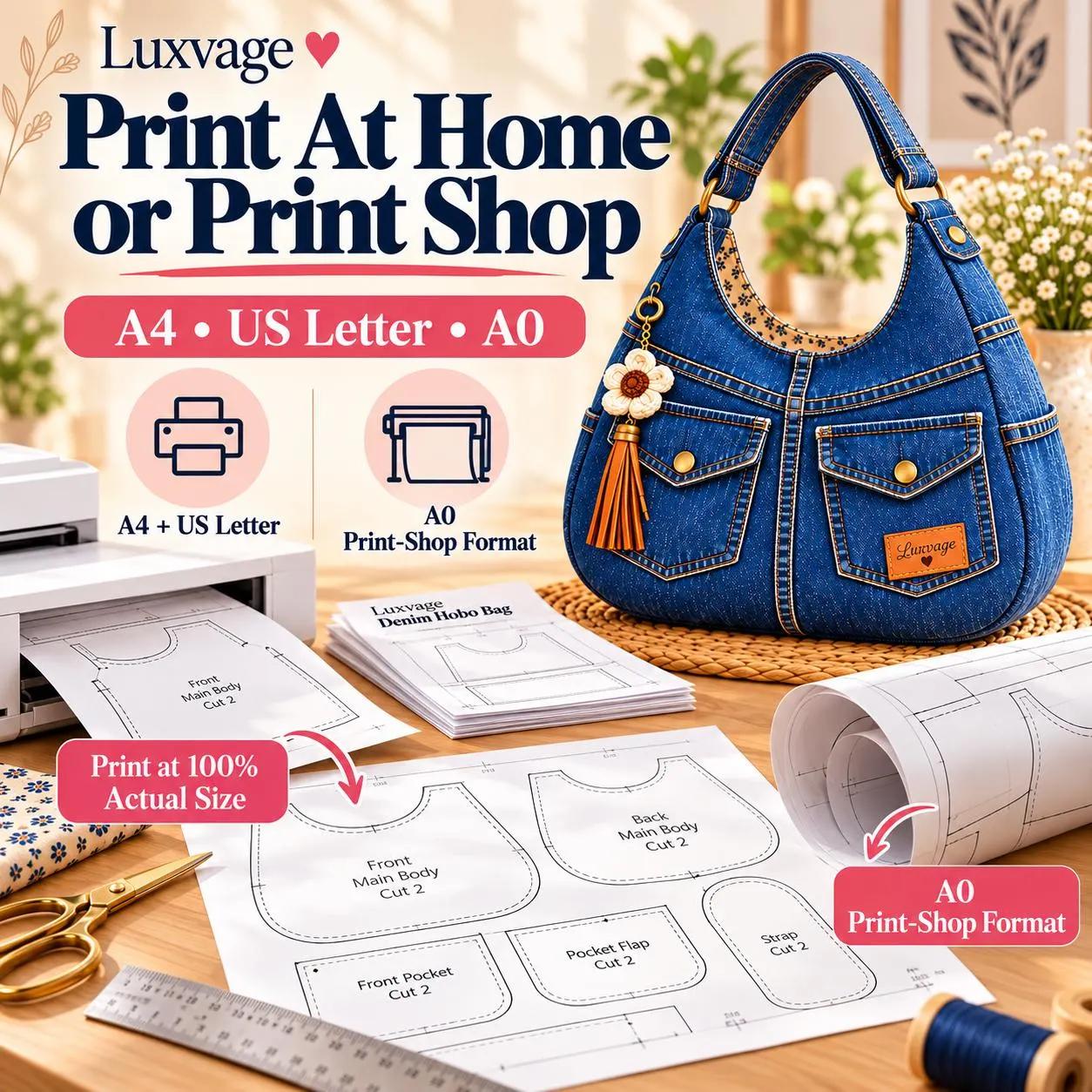 DIY Denim Hobo bag , Slouchy Shoulder Bag Sewing Pattern PDF 5 Size xs-xl-A0-A4 US Letter - photo 7