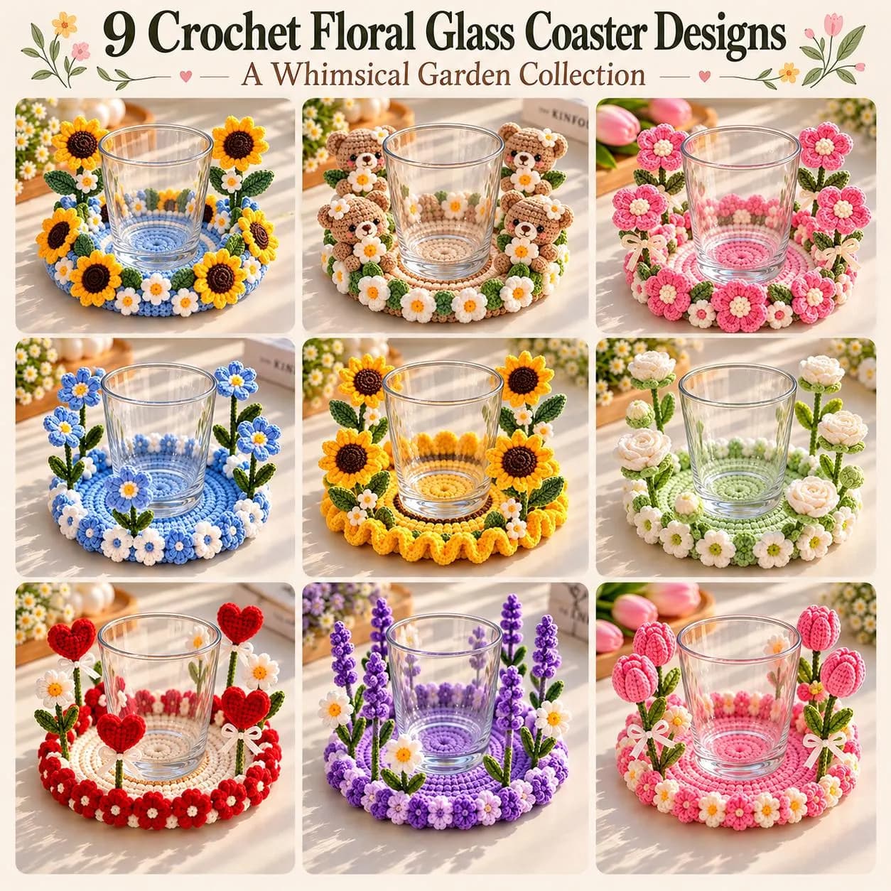 Flowers Crochet Rose Coaster Floral Patterns PDF, Tulip, Sunflower, Rose Designs (Digital Download) - photo 2