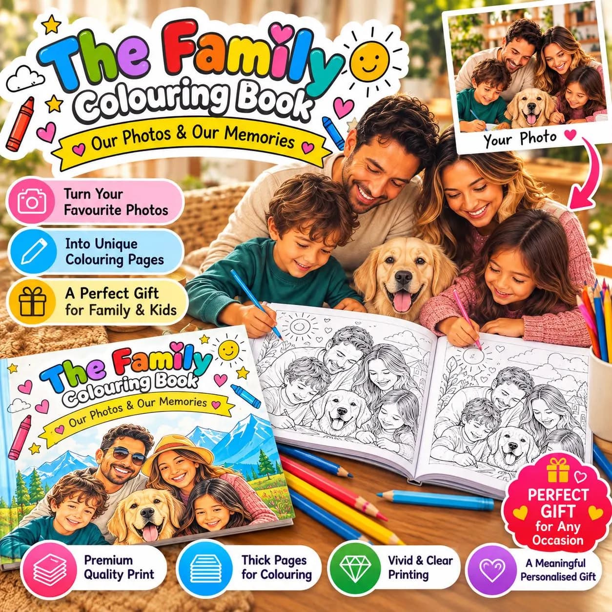 Custom Family Photo Colouring Book, 10 Personalised Pages, Kids Gift