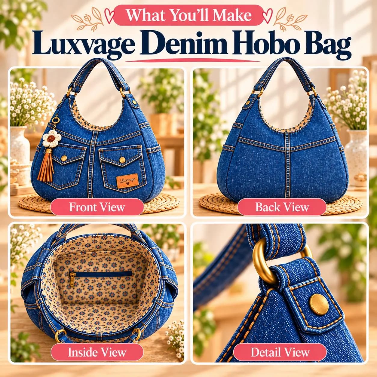 DIY Denim Hobo bag , Slouchy Shoulder Bag Sewing Pattern PDF 5 Size xs-xl-A0-A4 US Letter - photo 8